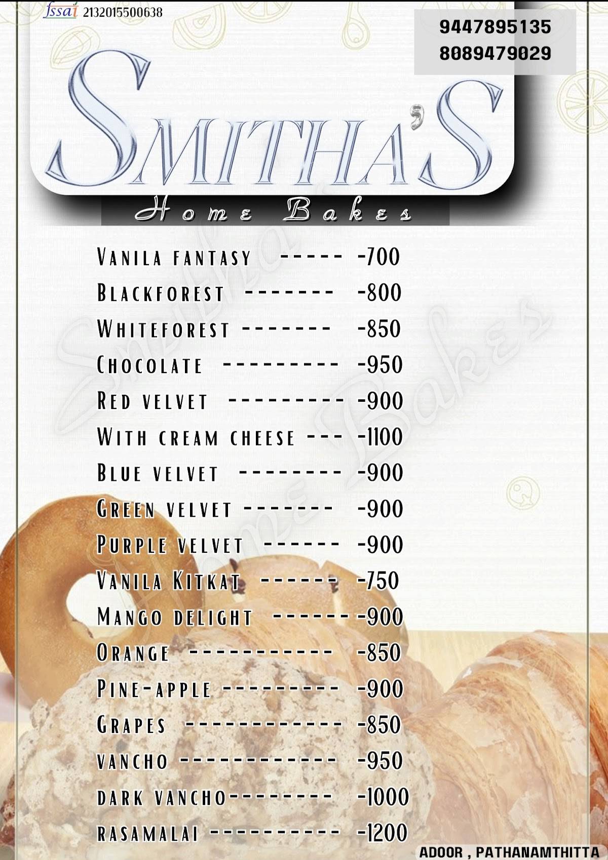 Smitha Bakers menu