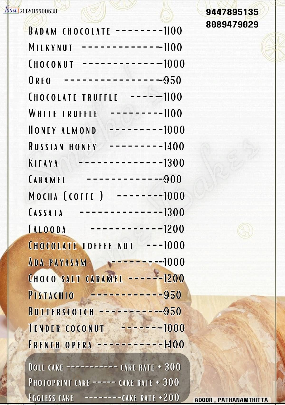 Smitha Bakers menu