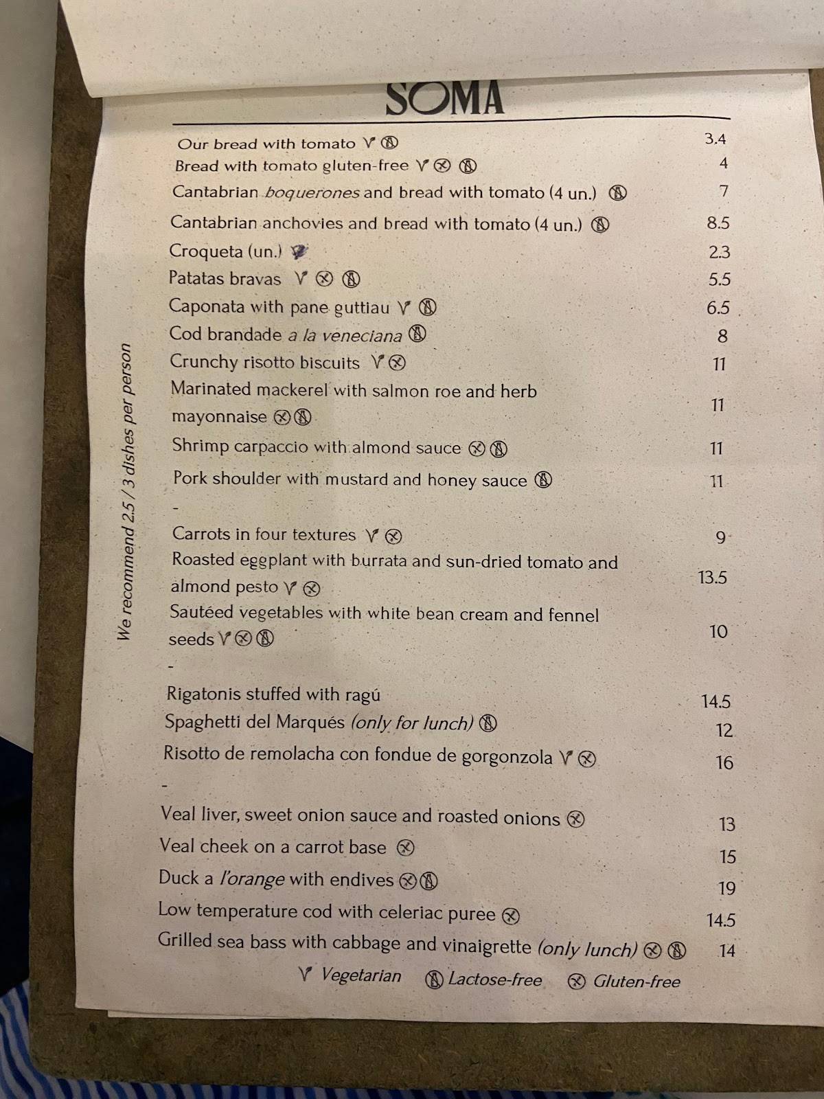 Menu at Soma restaurant, Barcelona