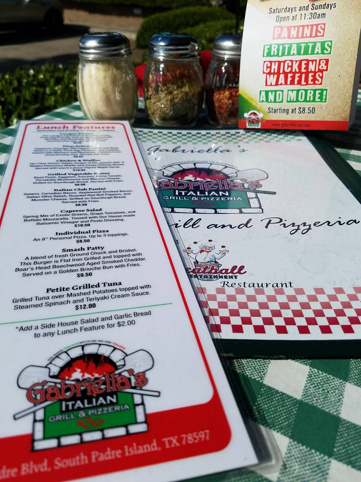 Menu at Gabriella's pizzeria, South Padre Island