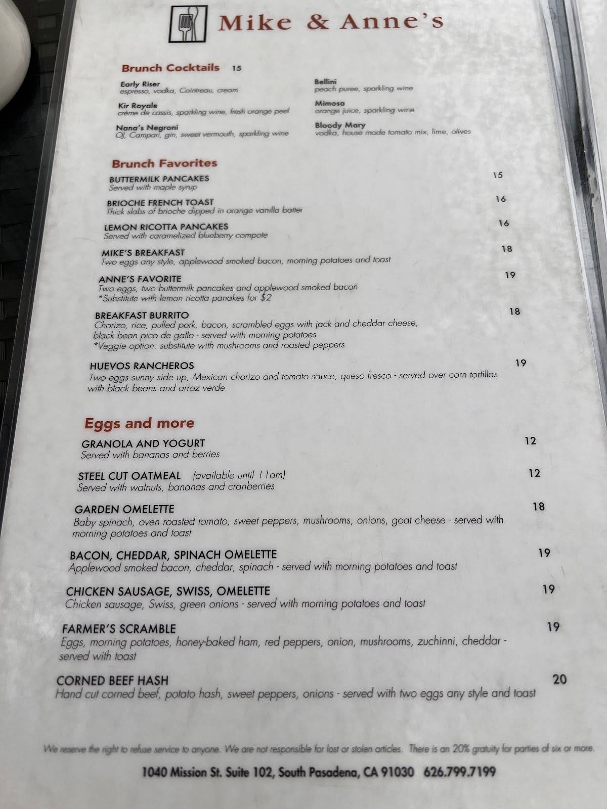 Menu at Mike & Anne's restaurant, South Pasadena