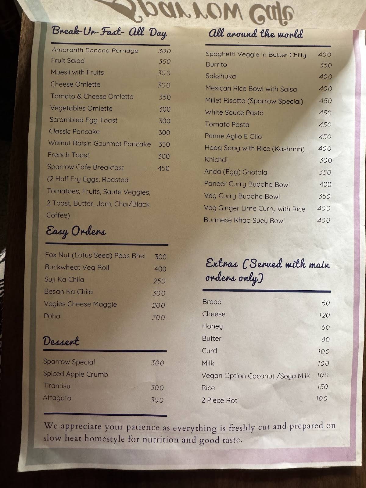 Sparrow Cafe menu