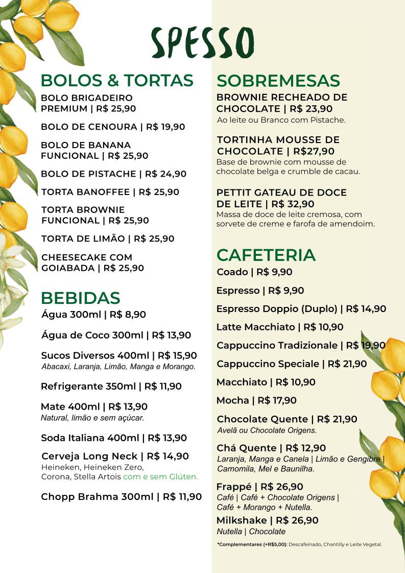 Spesso, cardápio