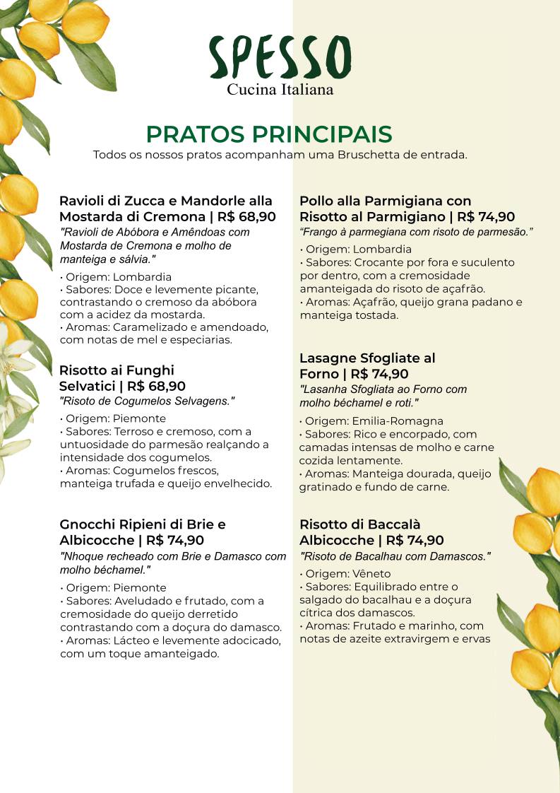 Spesso, cardápio