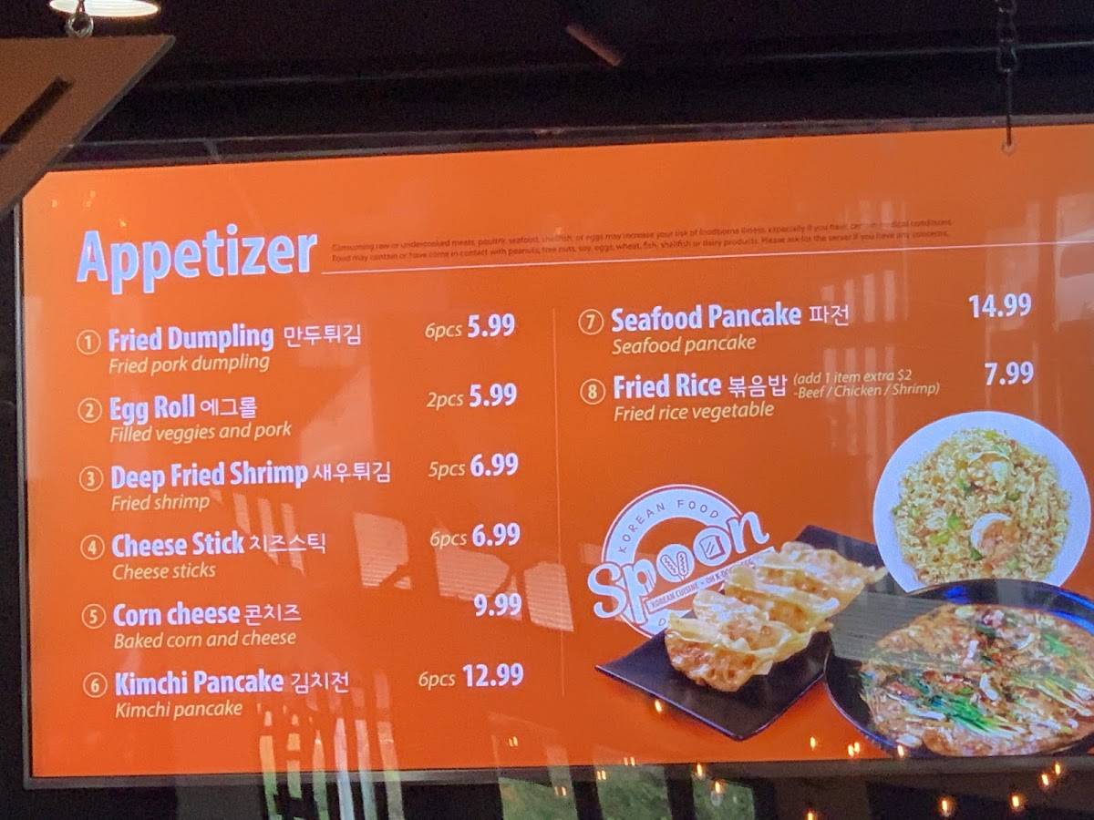 Menu at Spoon Fusion Korea Oh KDog restaurant, Fayetteville