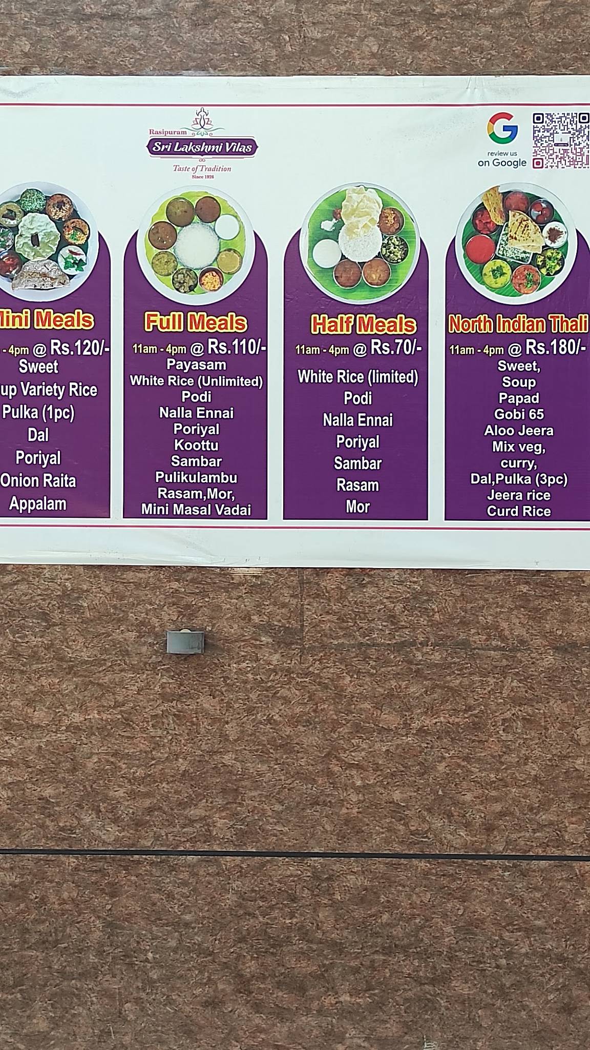 Sri Lakshmi Vilas menu