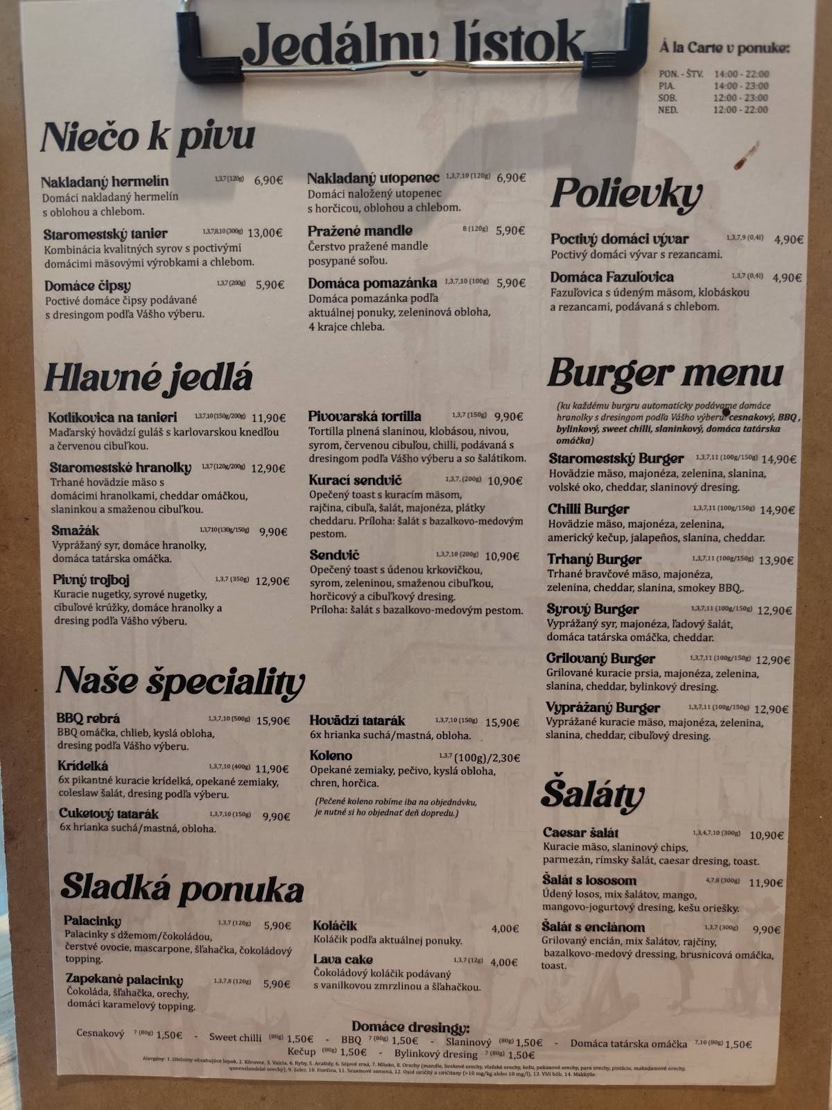 Menu at Staromestská Piváreň Nitra restaurant, Nitra
