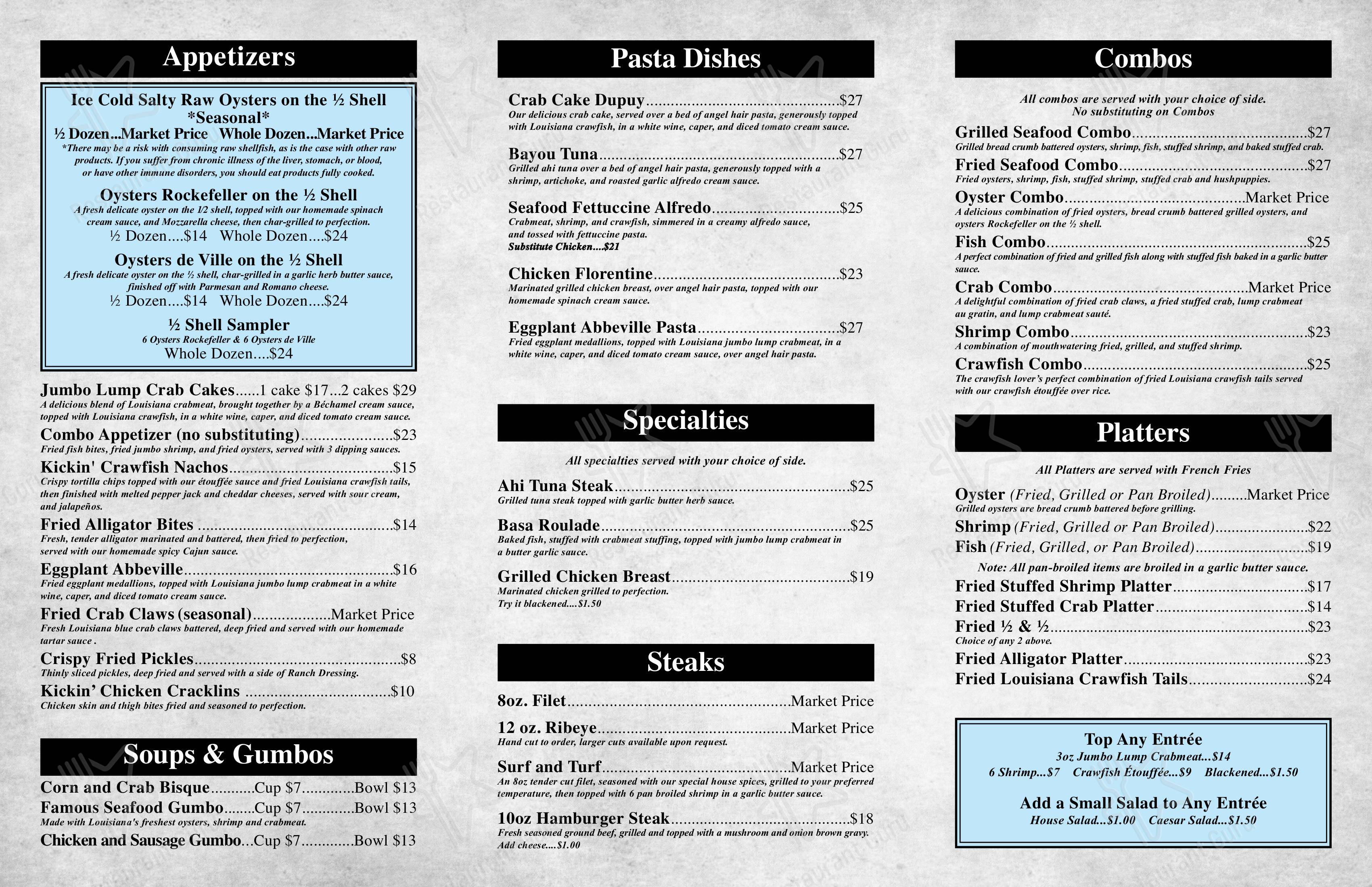 Menu at Dupuy's Seafood and Steak steakhouse, Abbeville