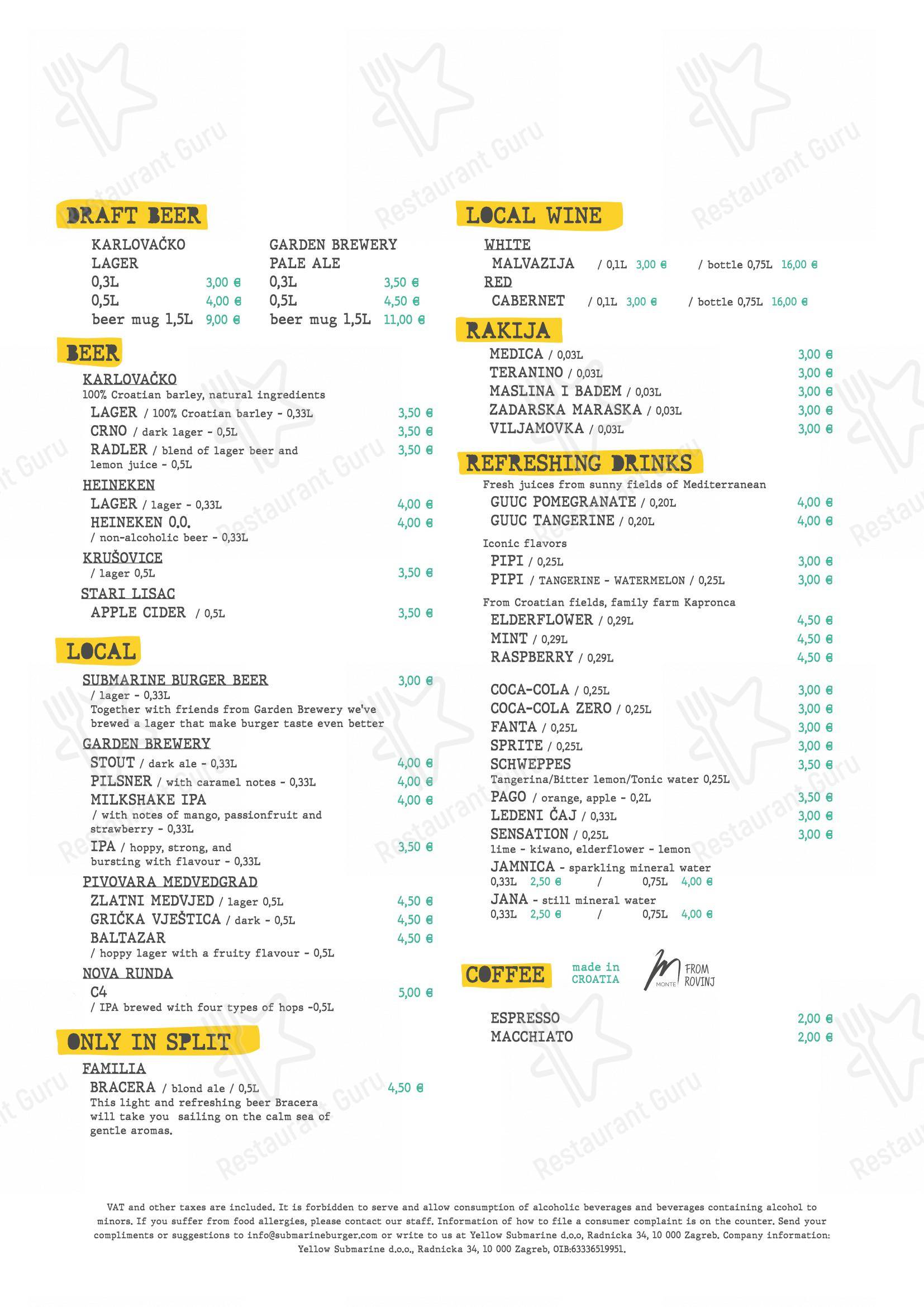 Wine Menu per Submarine Burger Frankopanska ristorante