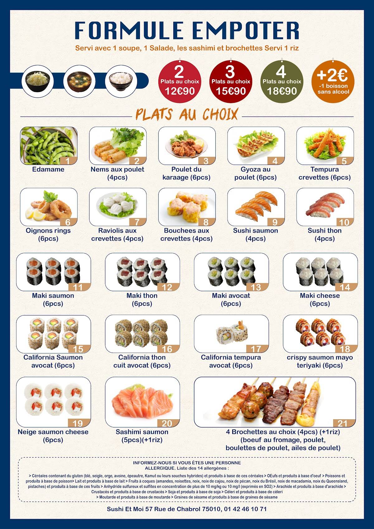 Menu de Sushi et Moi (formule à volonté)