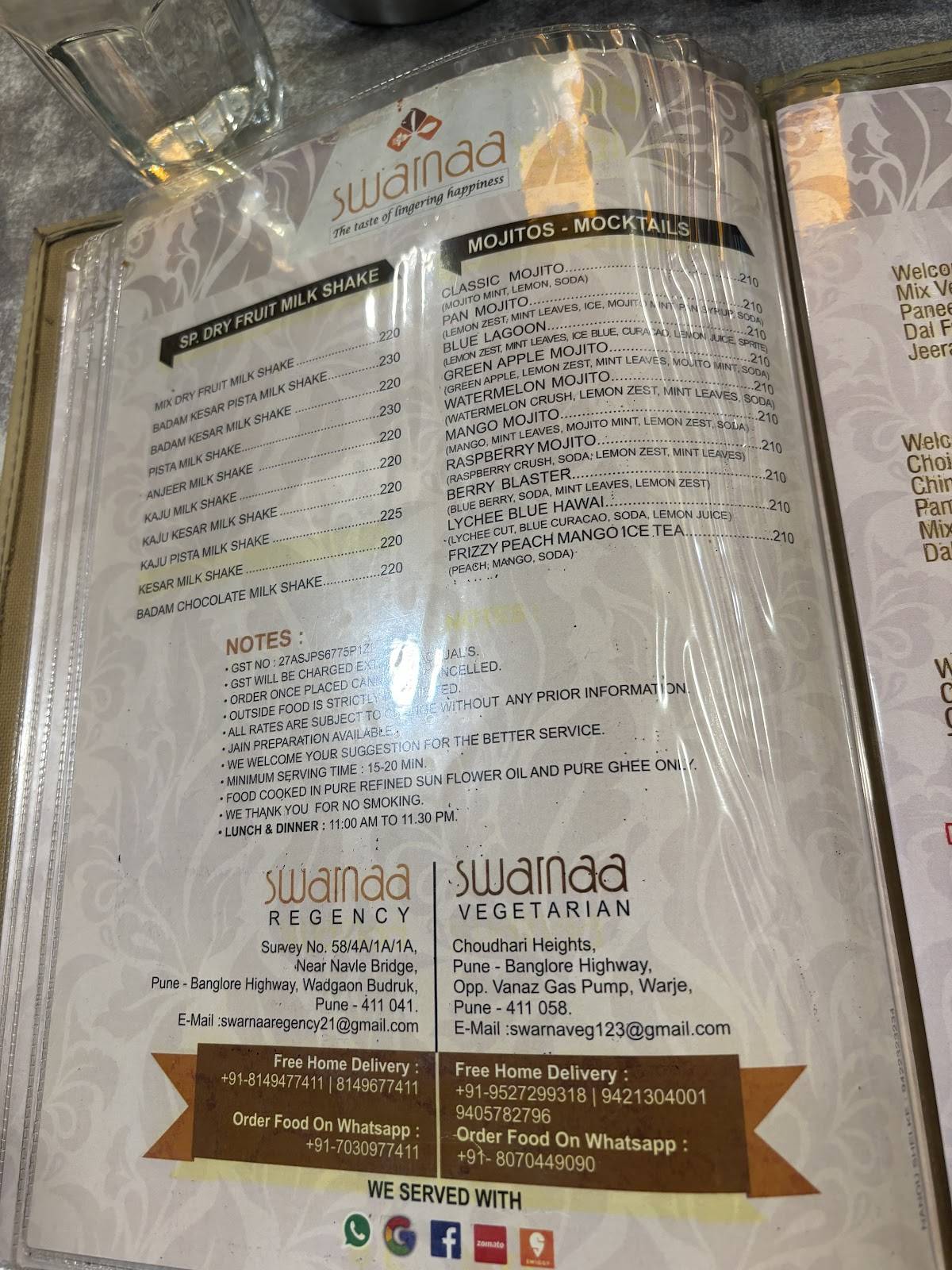 Swarnaa Vegetarian - Warje menu