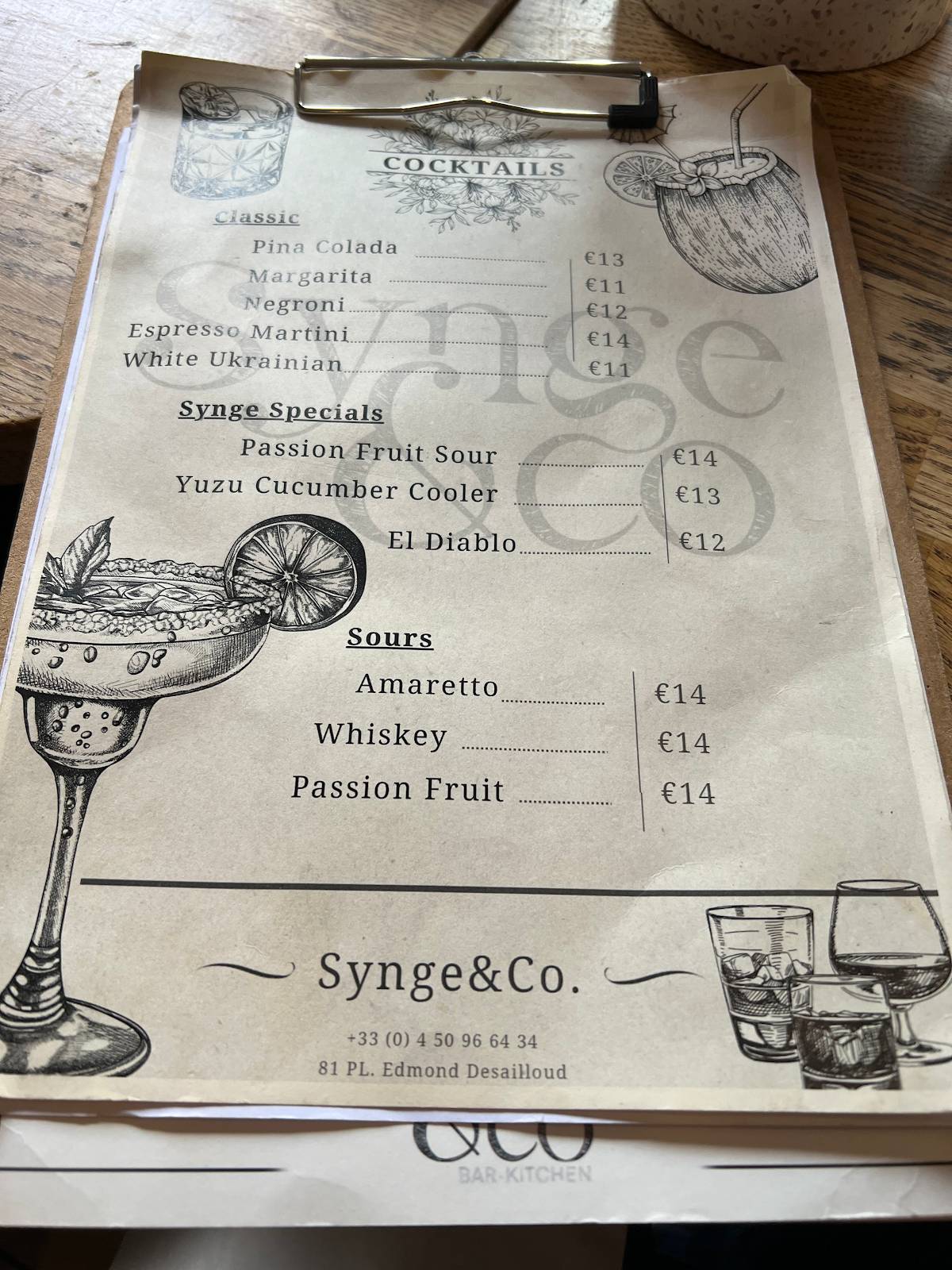 Menu de Synge & Co.