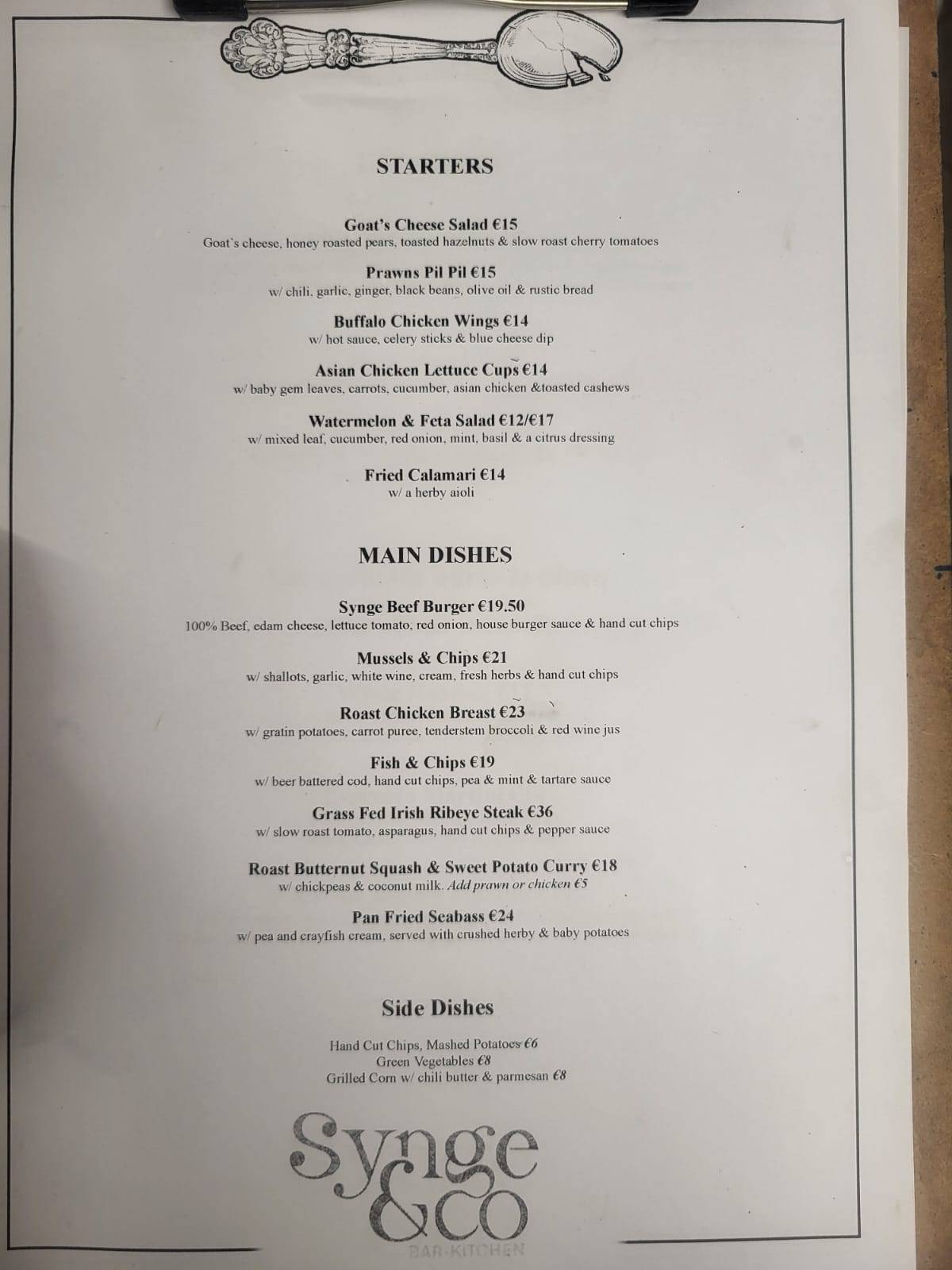 Menu de Synge & Co.