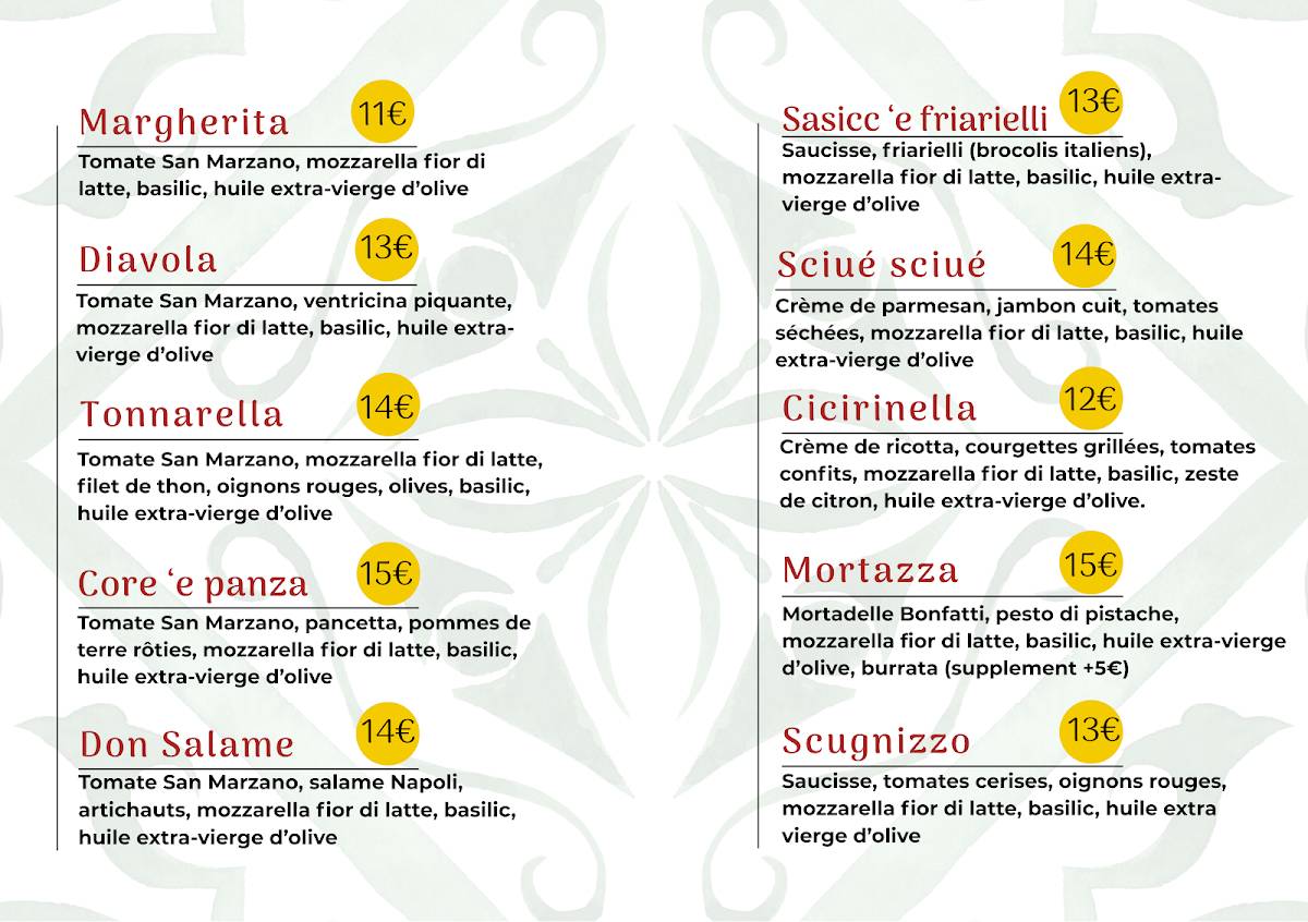 Menu de TARANTELLA PIZZERIA NAPOLETANA