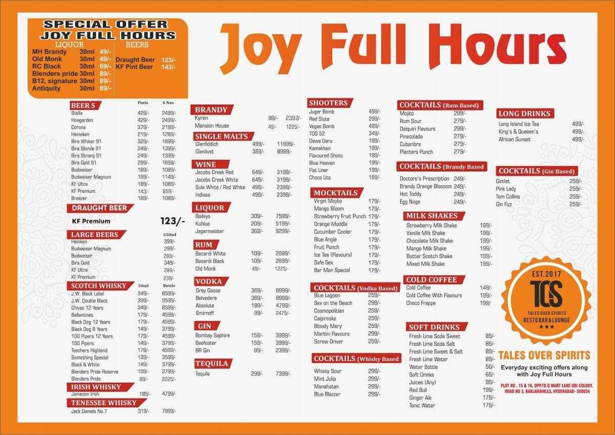 TOS - Tales Over Spirits menu