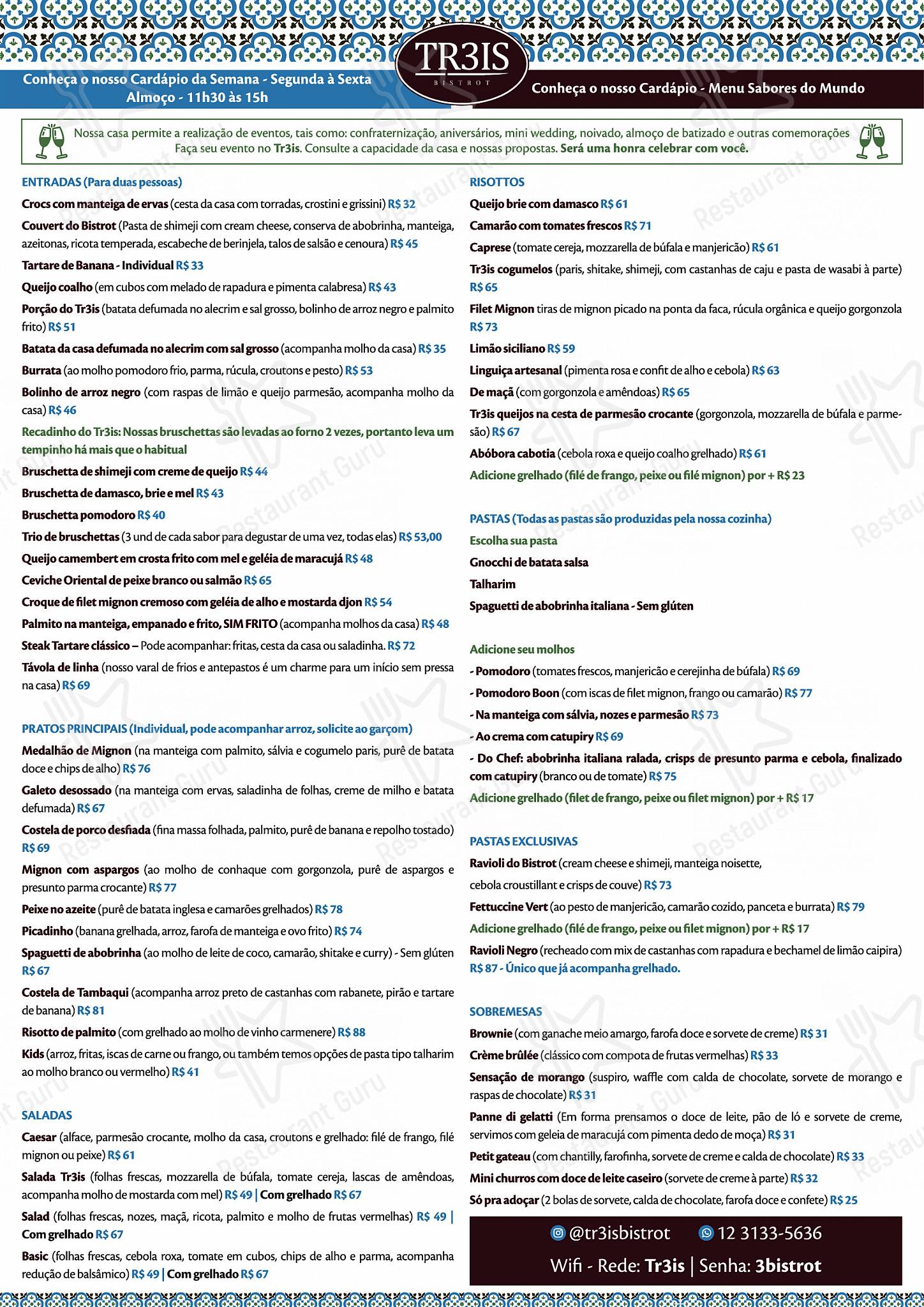 TR3IS Bistrô menu - pratos e drinques