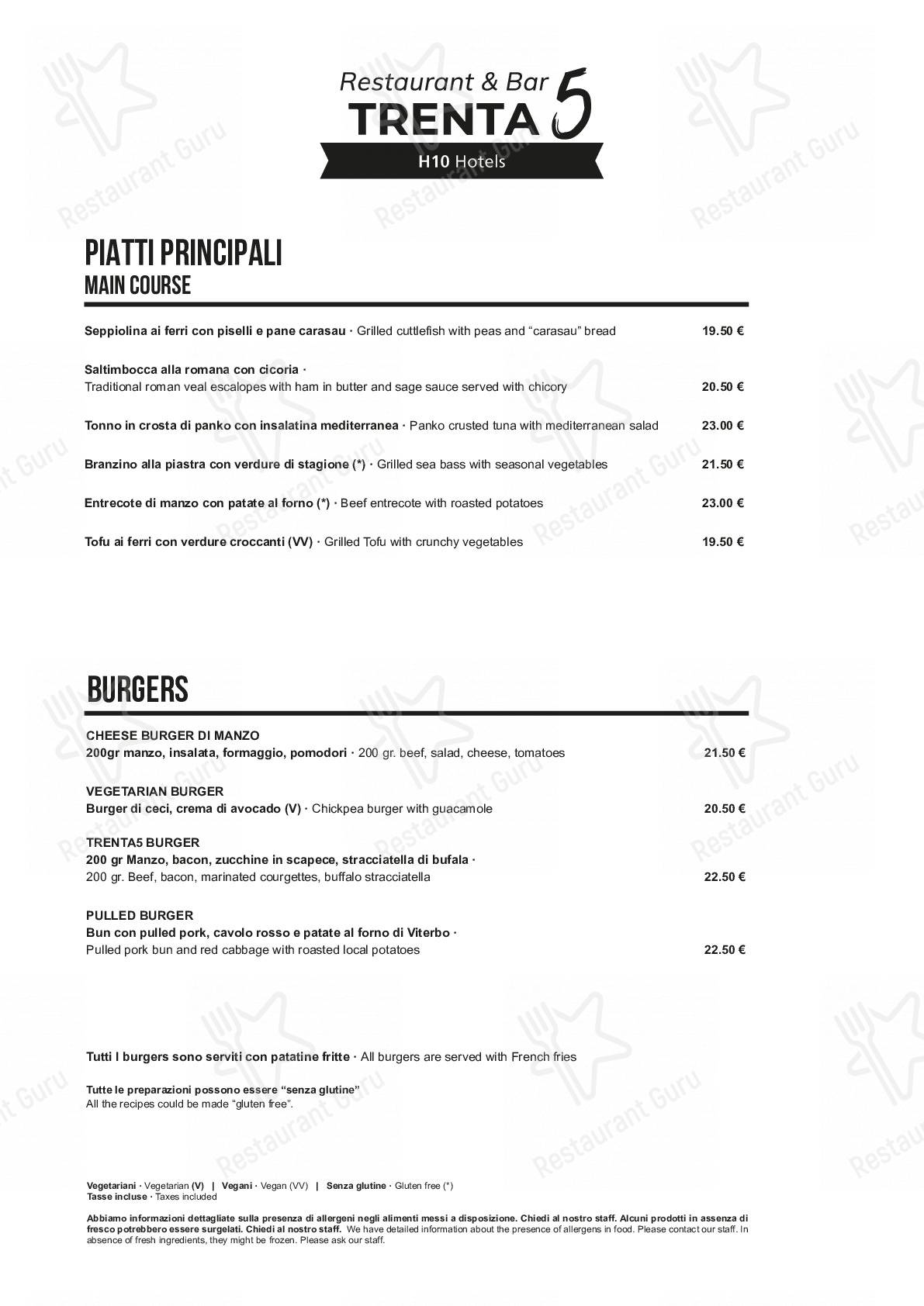 Menu di TRENTA5 Restaurant&Bar - piatti e bevande