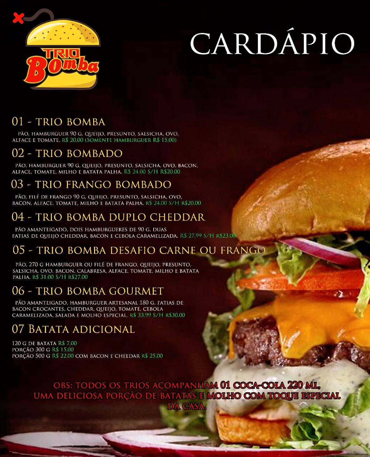 TRIO BOMBA Hamburgueria cardápio