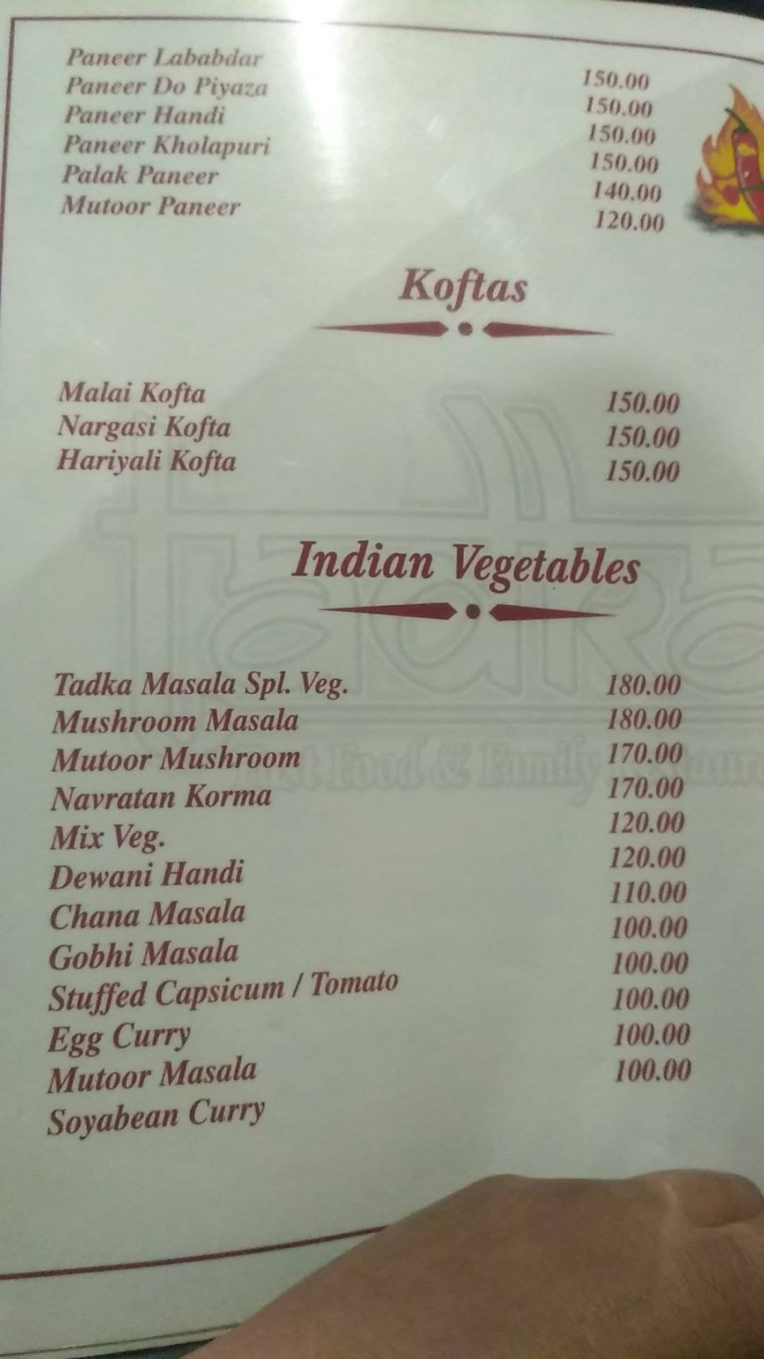 Tadka Restaurant menu