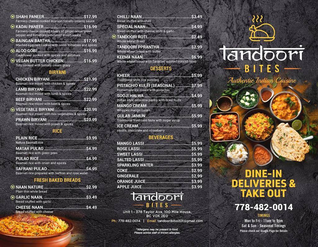 Menu at Tandoori Bites Indian Cuisine restaurant, 100 Mile House