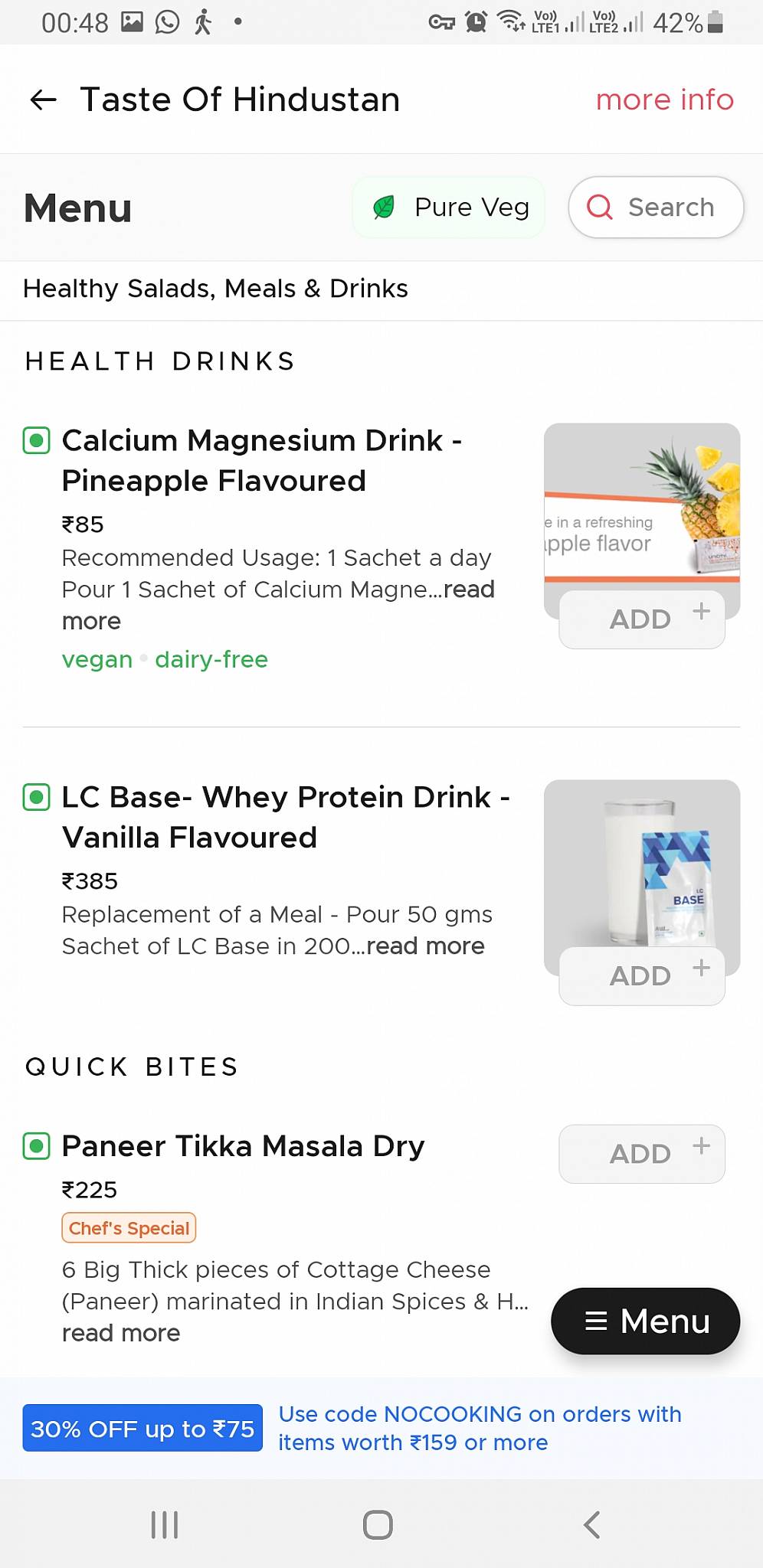 Taste of Hindustan menu