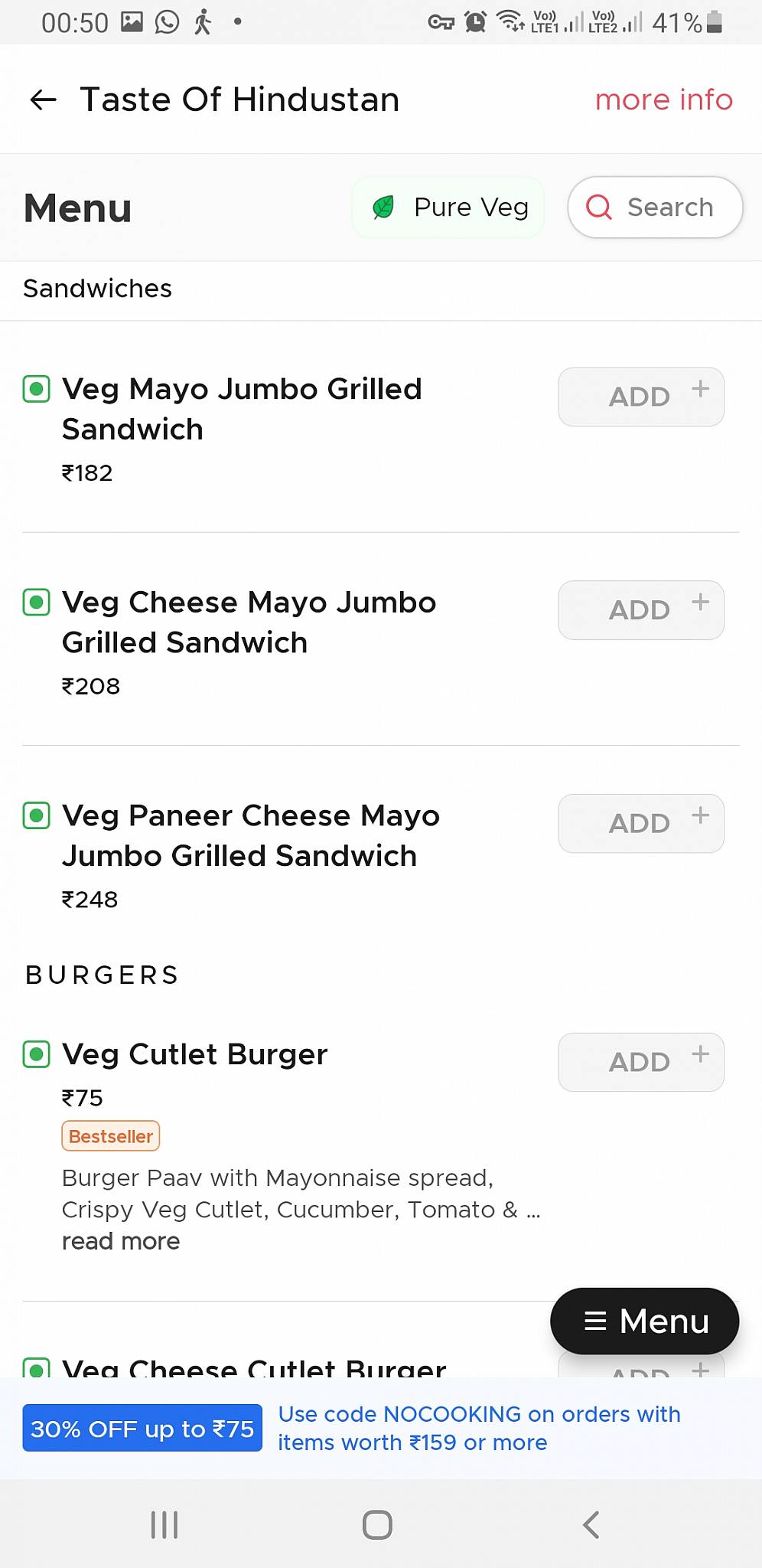 Taste of Hindustan menu