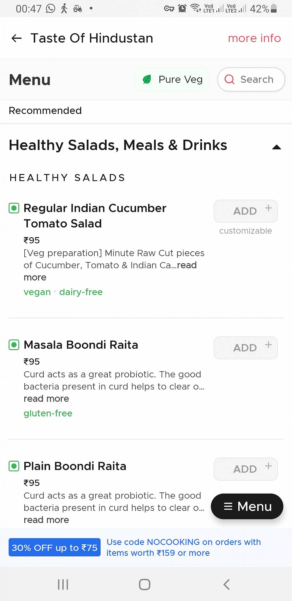 Taste of Hindustan menu