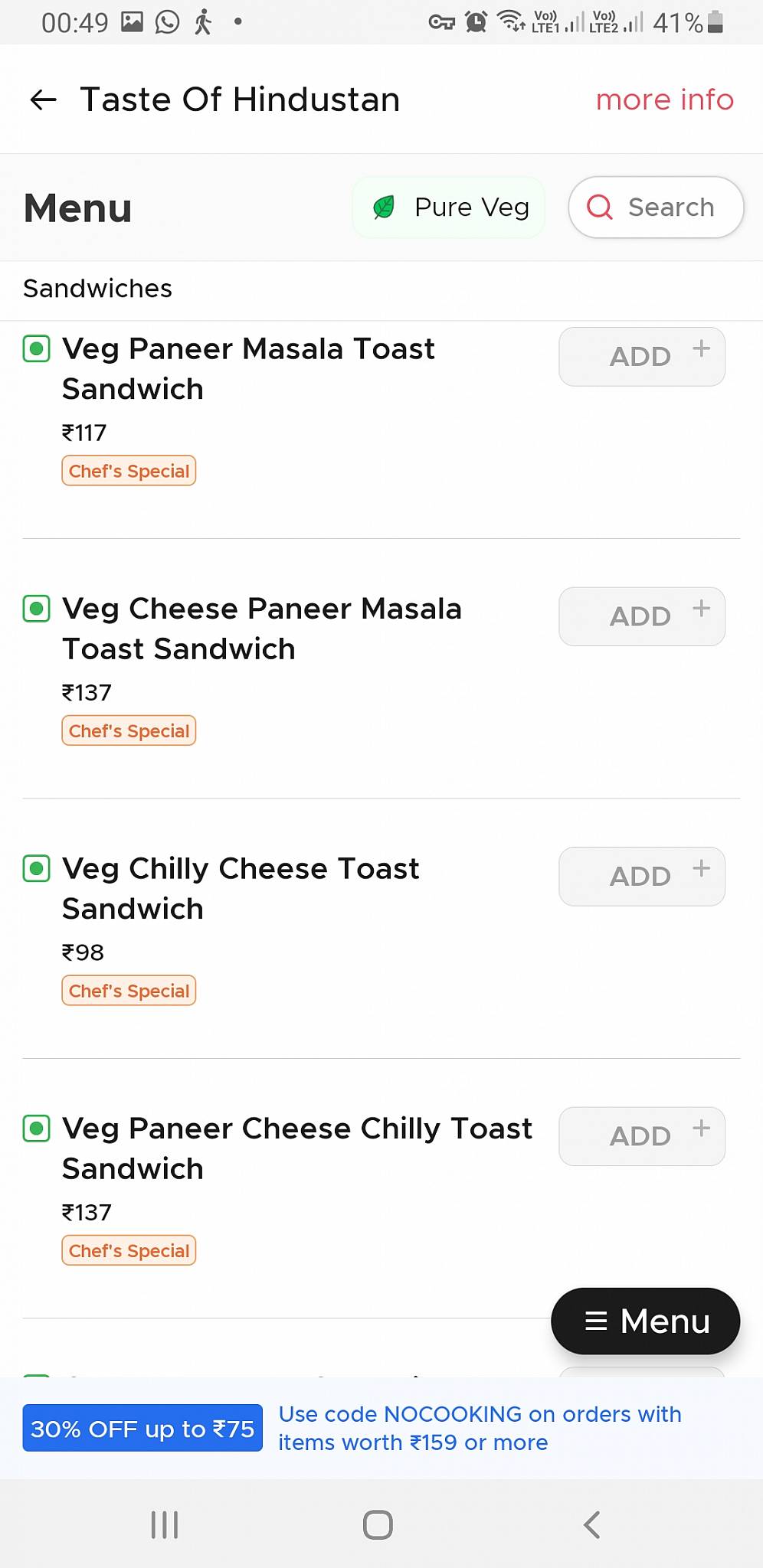 Taste of Hindustan menu