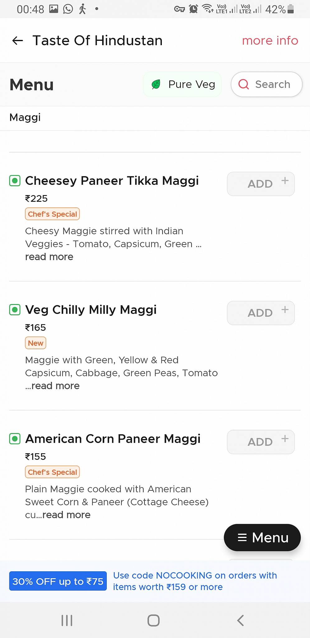 Taste of Hindustan menu