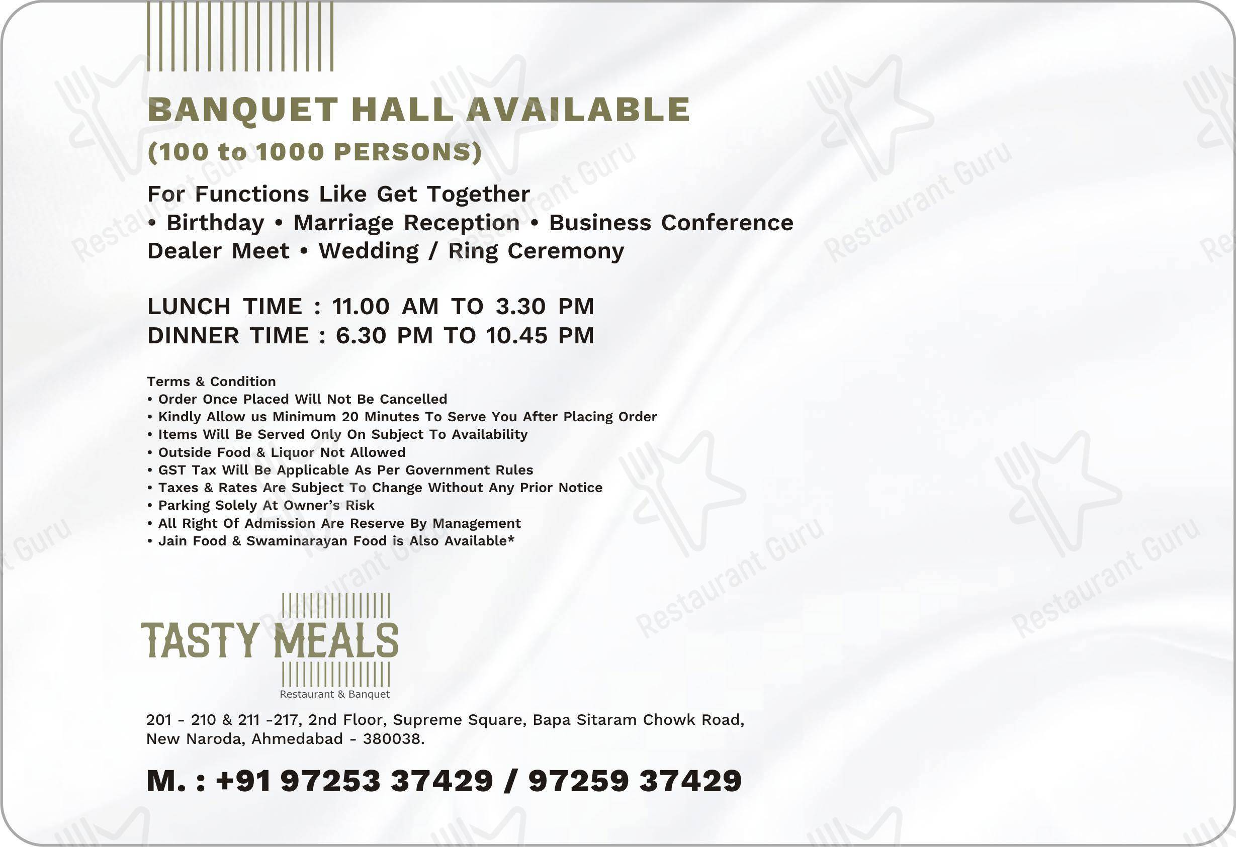 Menu for Tasty Meals Restaurant and Banquet in Ahmedabad