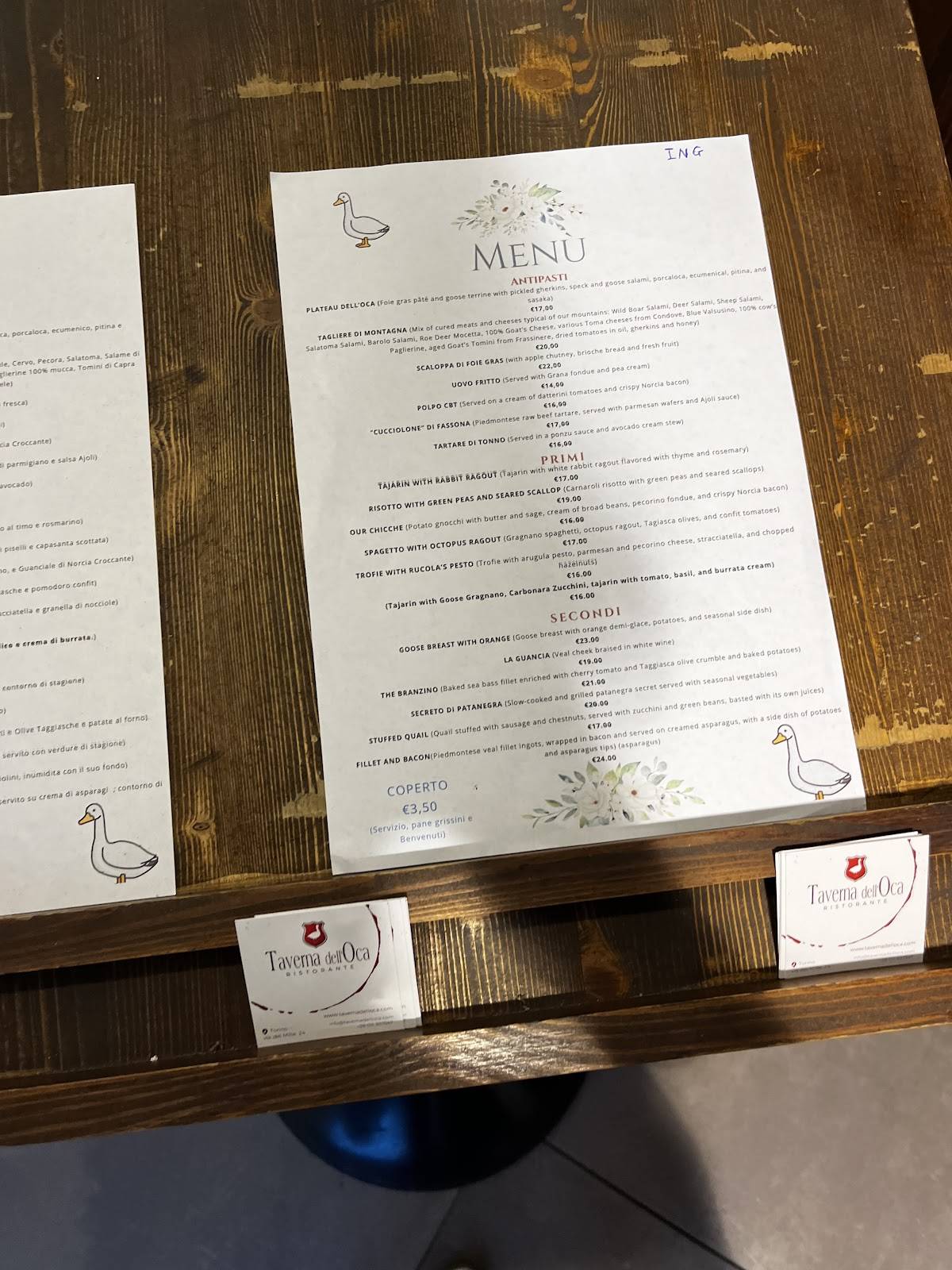 Menu di Taverna Dell'Oca 