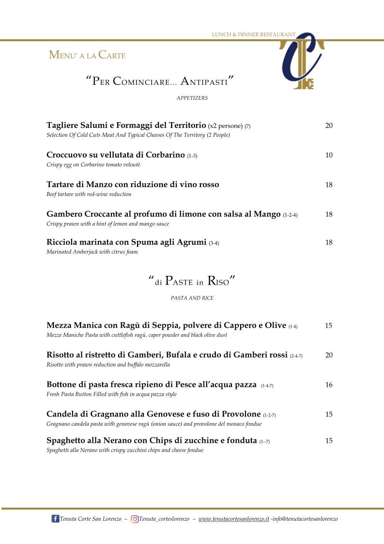 Menu di Tenuta Corte San Lorenzo 