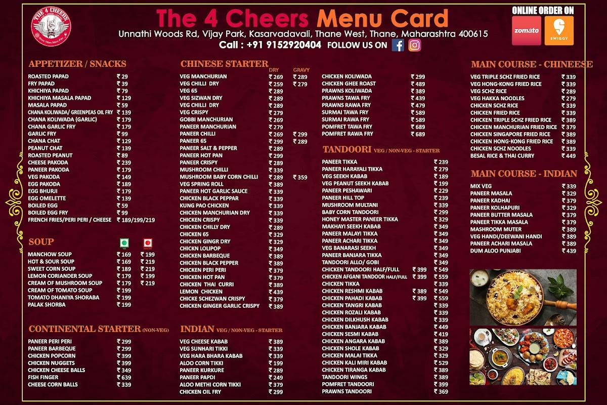 The 4 Cheers - Best Open Restaurant in Kasarvadavali,Thane west menu