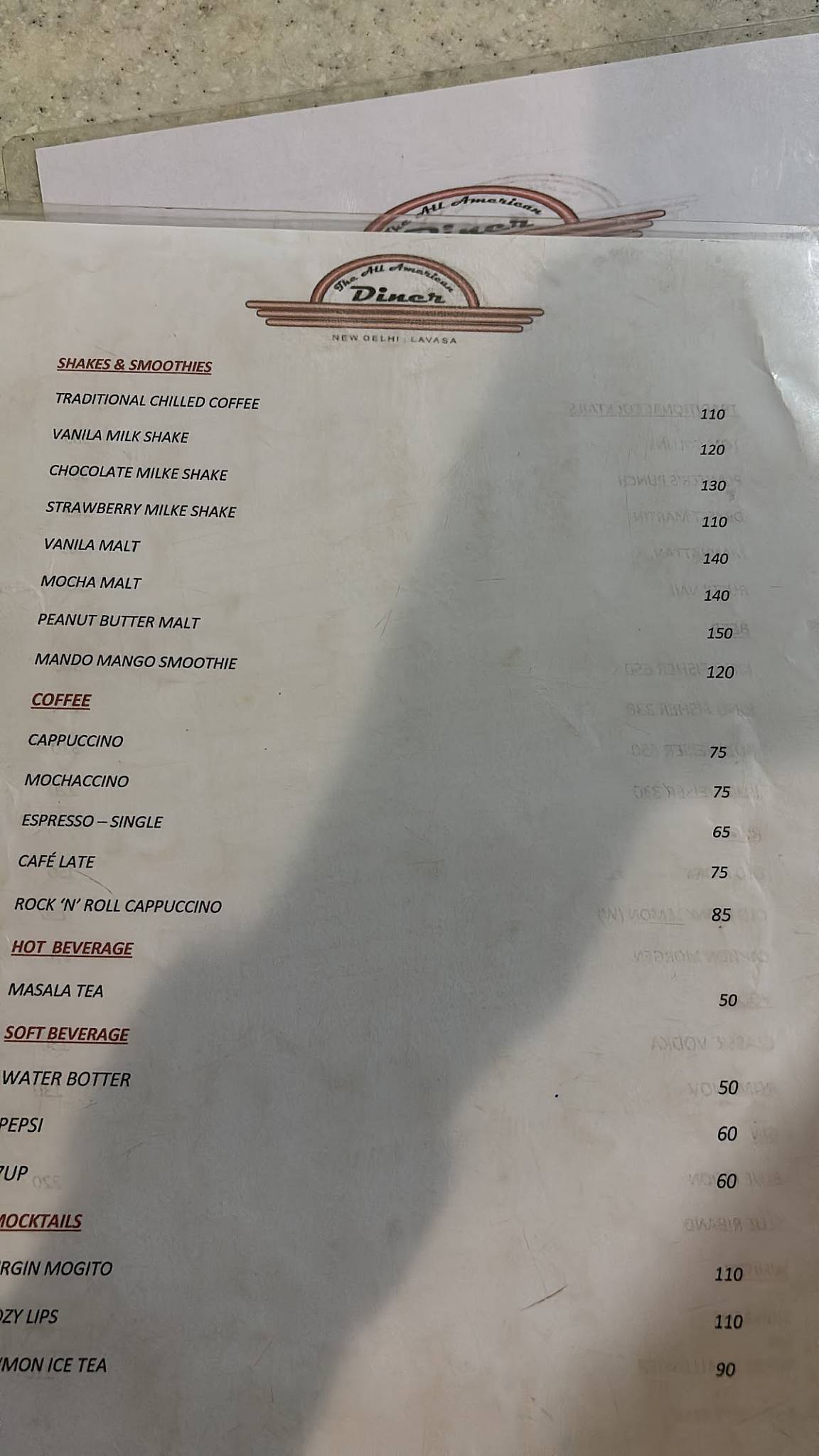 The All American Diner menu