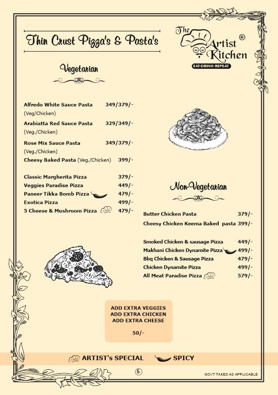 The Artist's kitchen menu