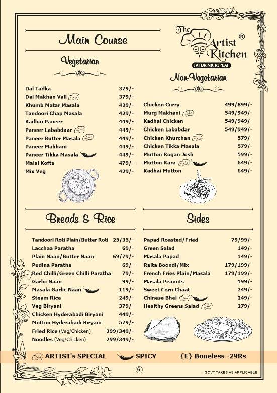 The Artist's kitchen menu