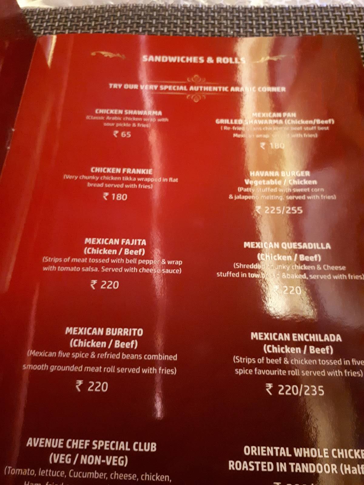 The Avenue menu