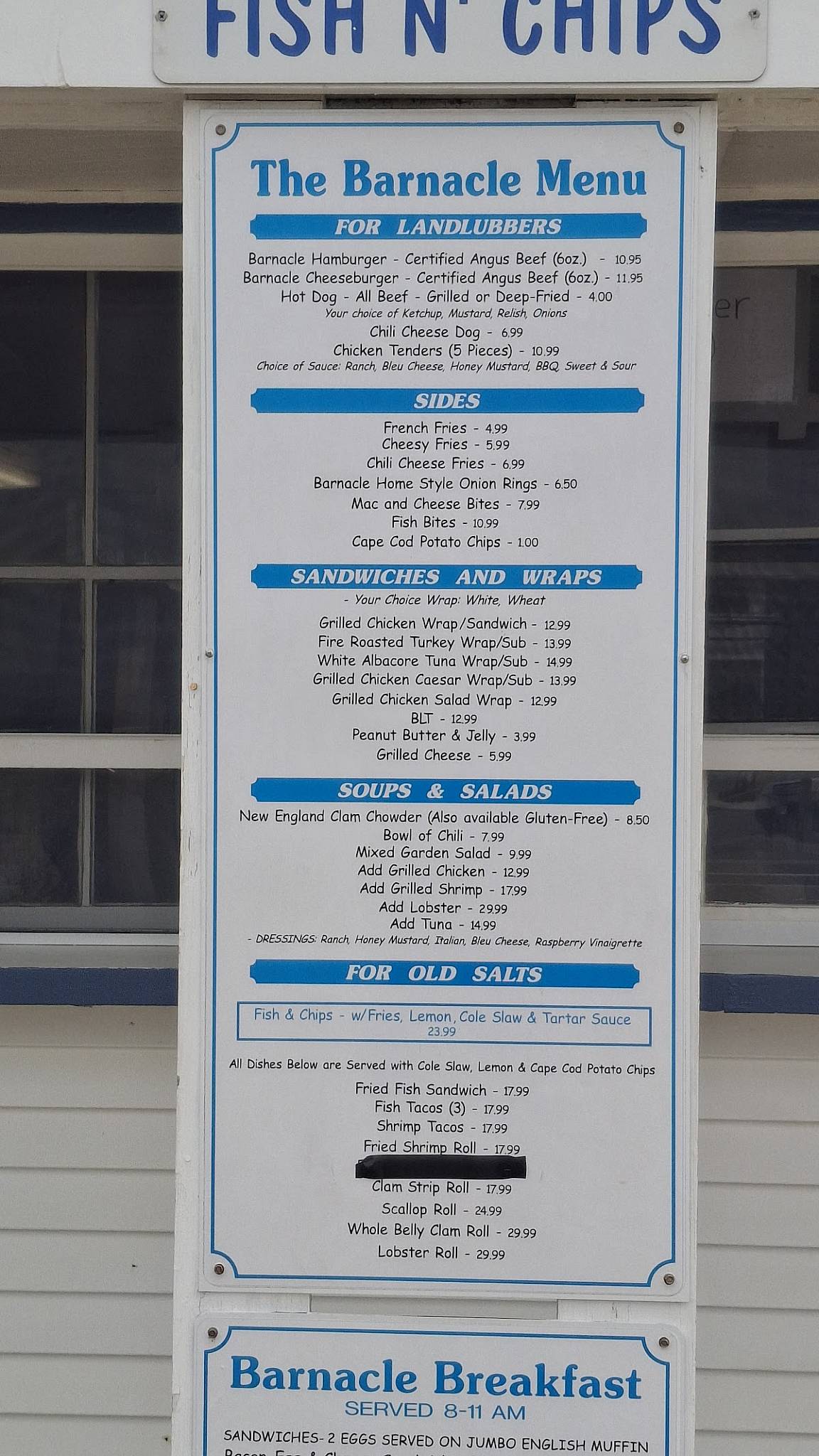 Menu at The Barnacle, Barnstable