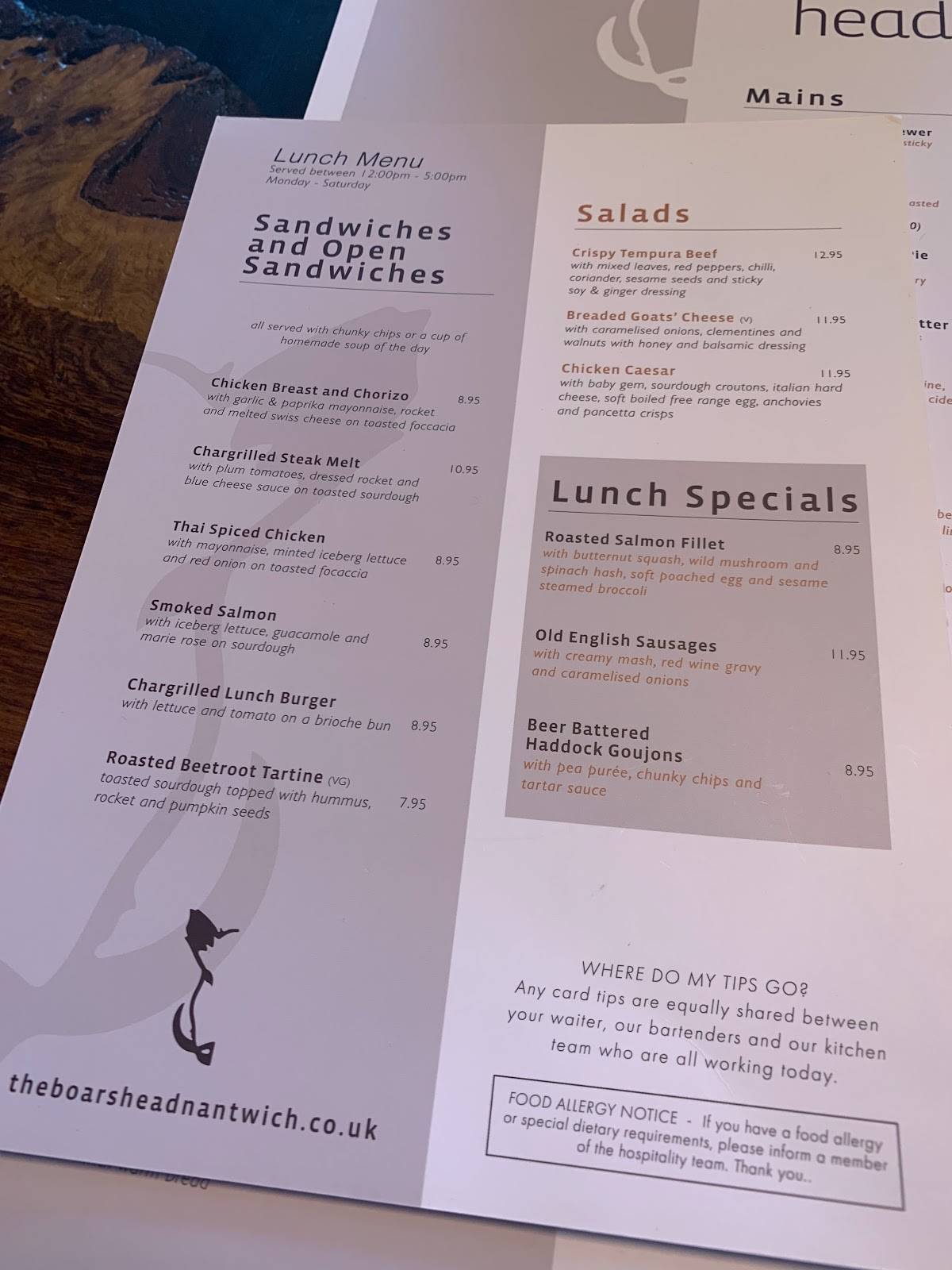 Menu at The Boars Head pub & bar, Crewe