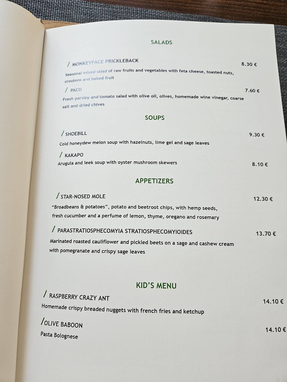 Menu di The Botanist 