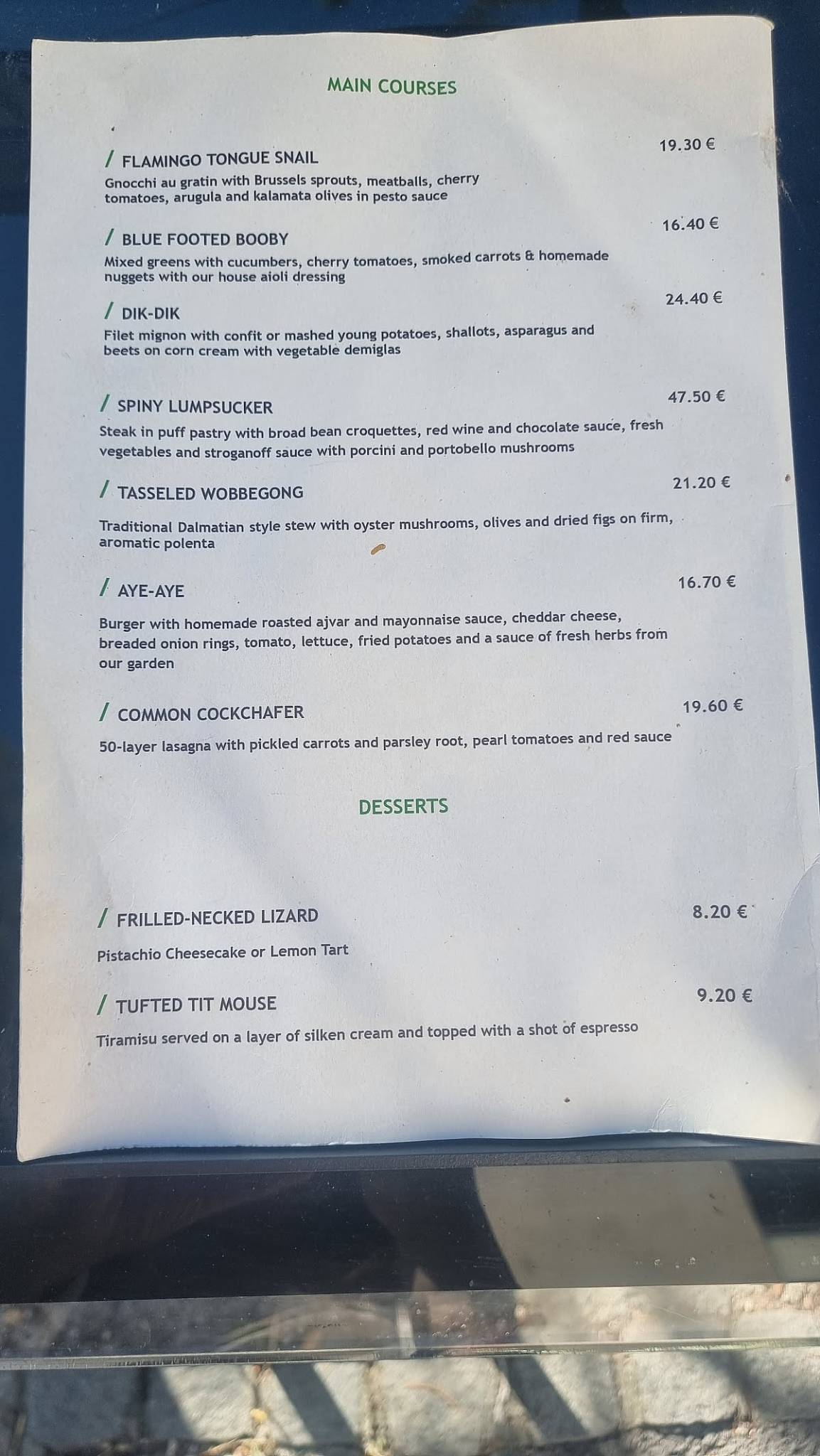 Menu di The Botanist 