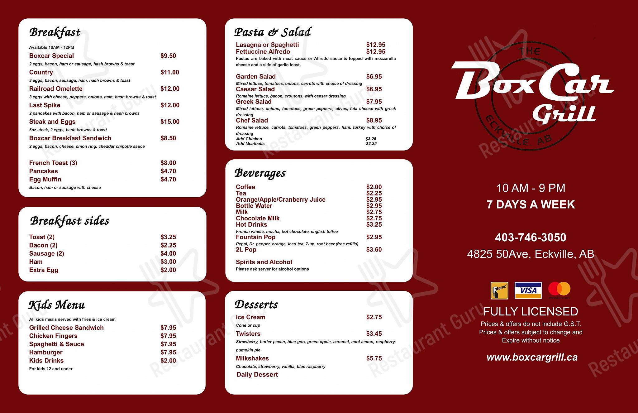 Menu at The BoxCar Grill restaurant, Eckville