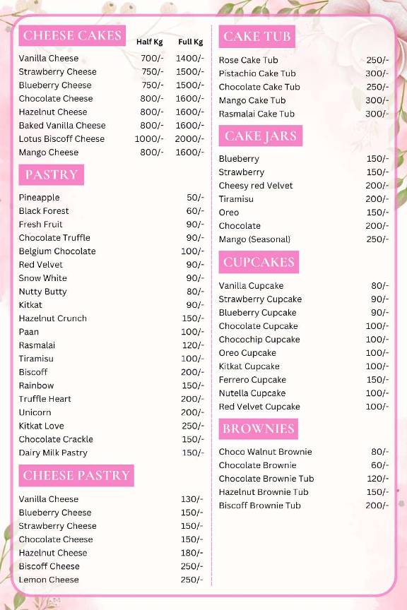 The Cake Bake menu
