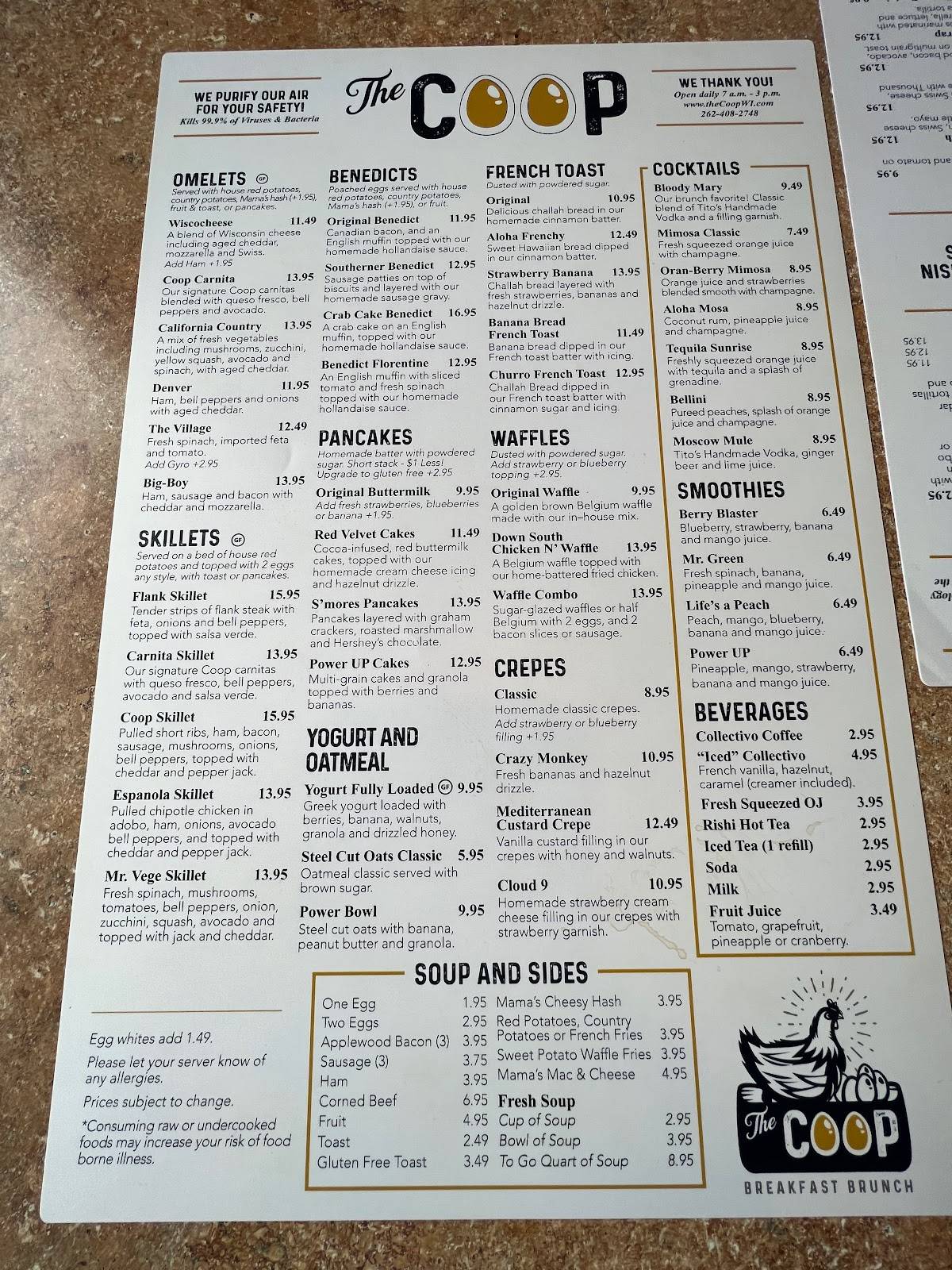 Menu at The Coop restaurant, Waukesha