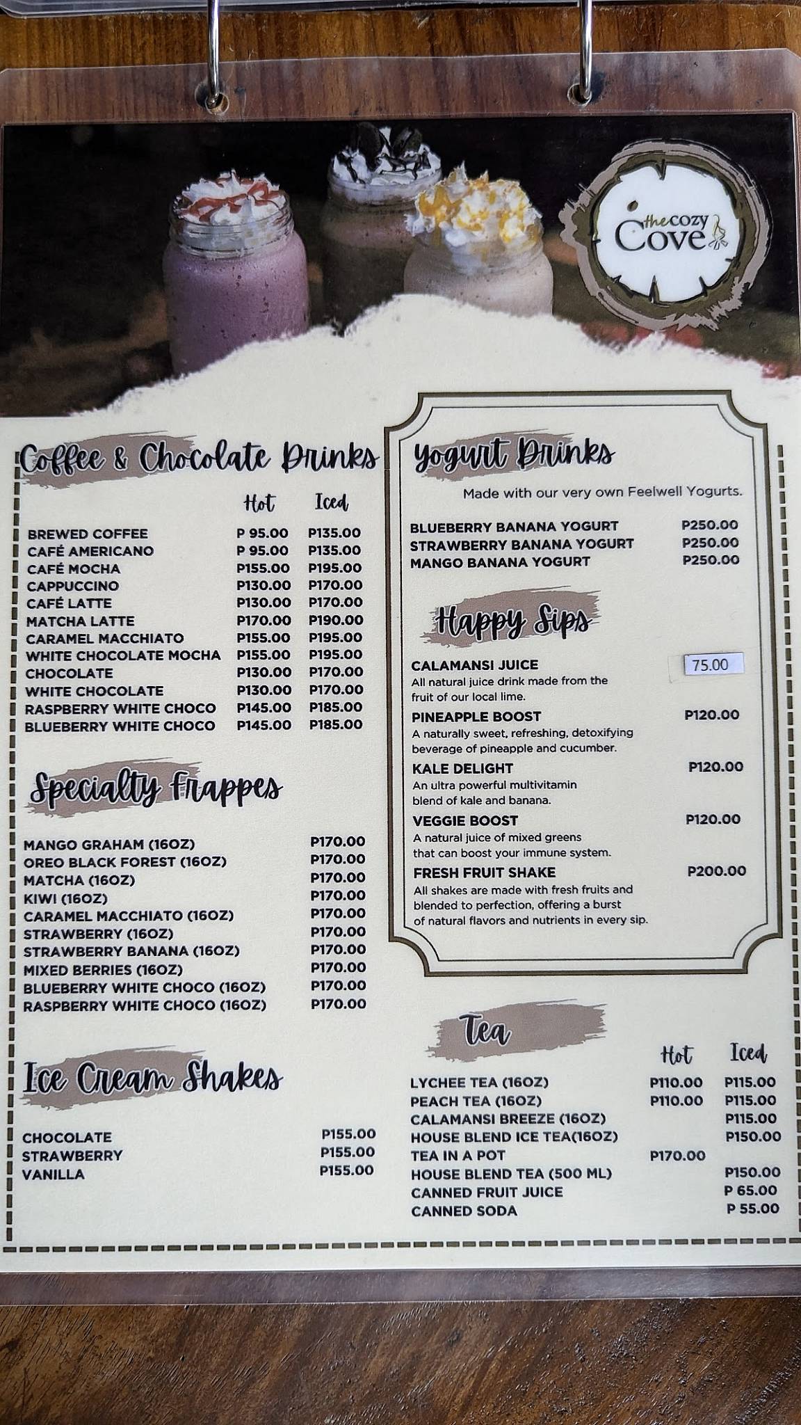 Menu at The Cozy Cove restaurant, Baguio