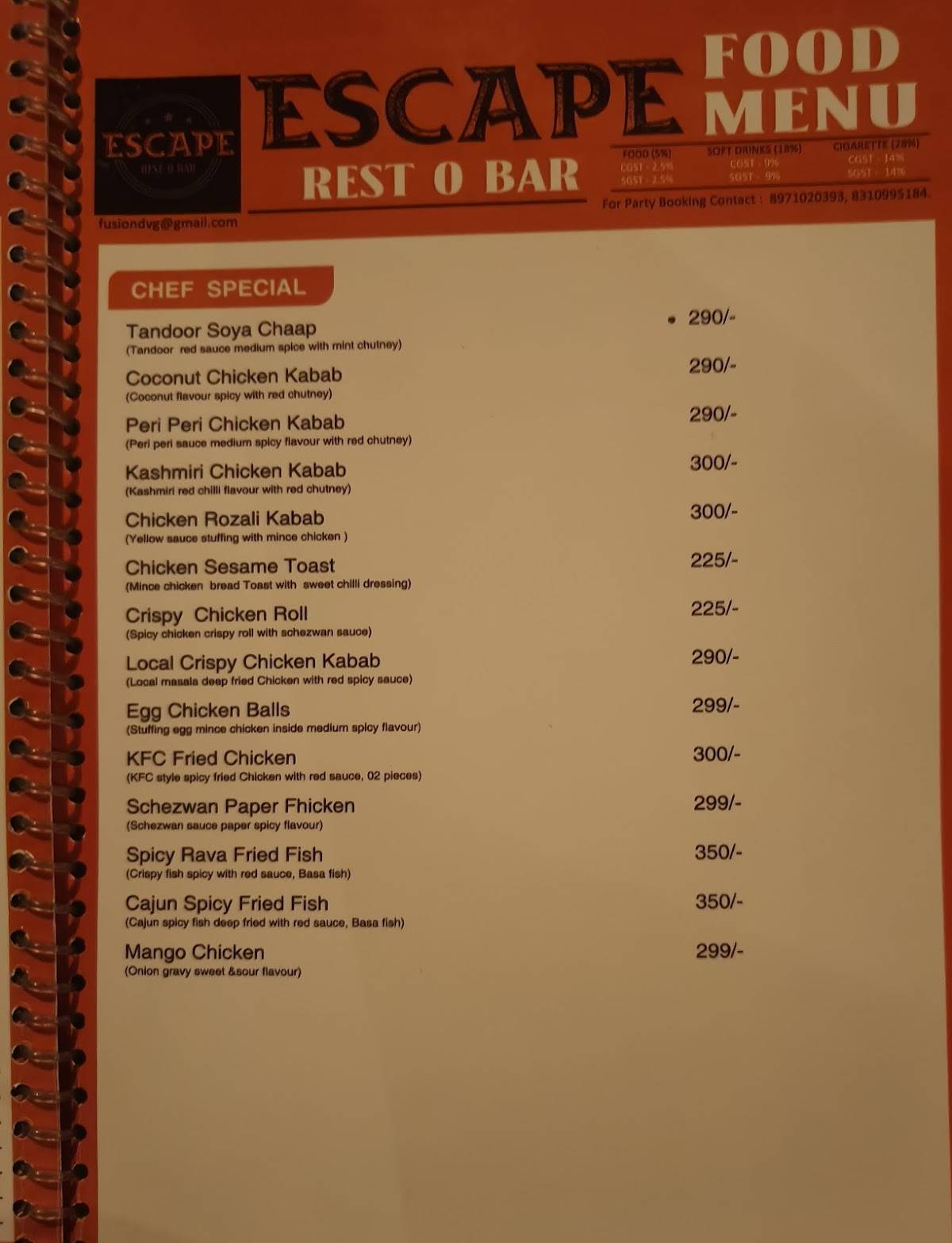 The Escape ( Rest O Bar) menu