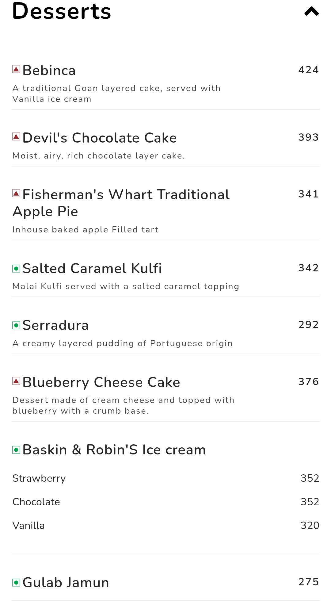 The Fisherman's Wharf, Chennai menu