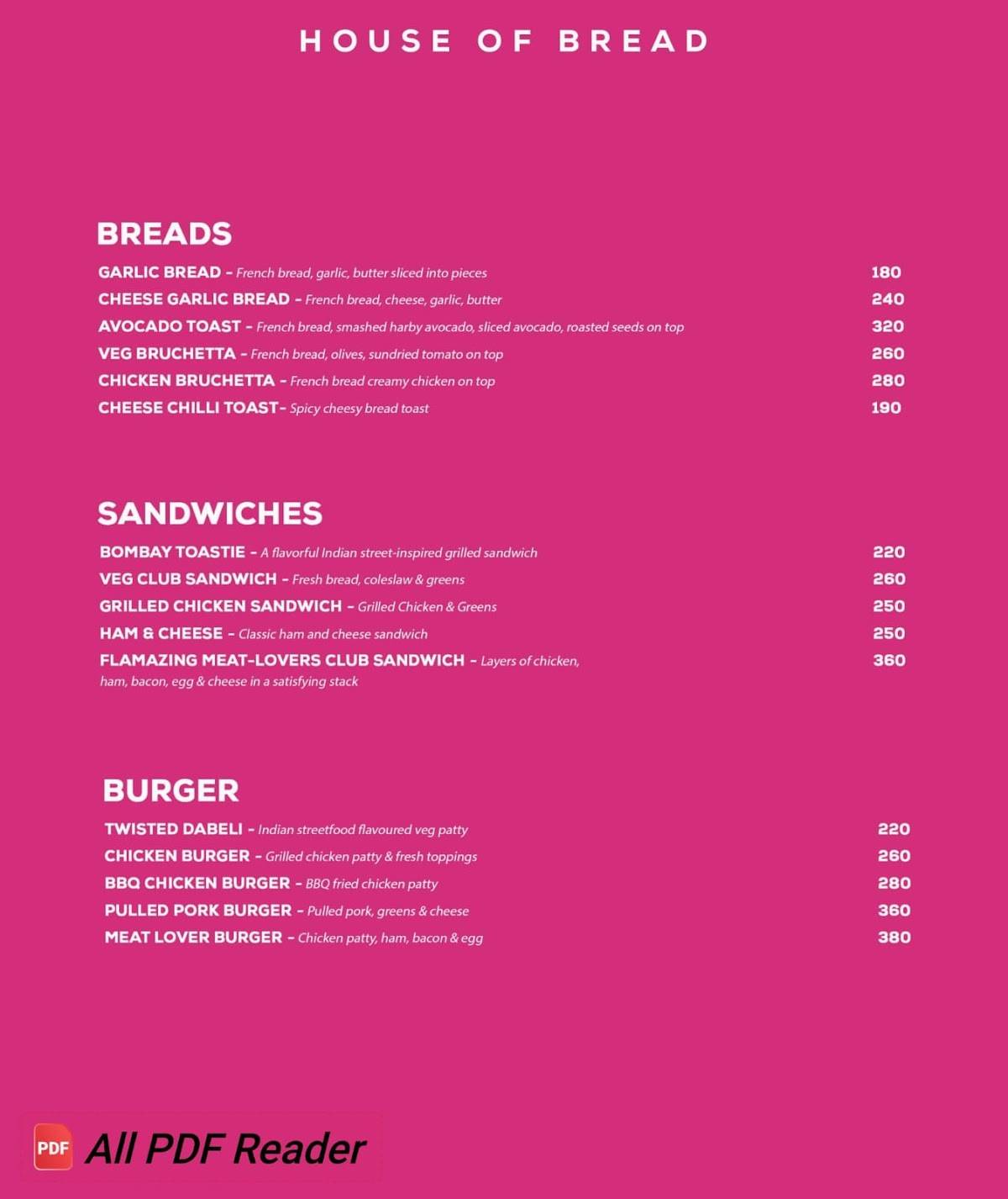 The Flamingo menu