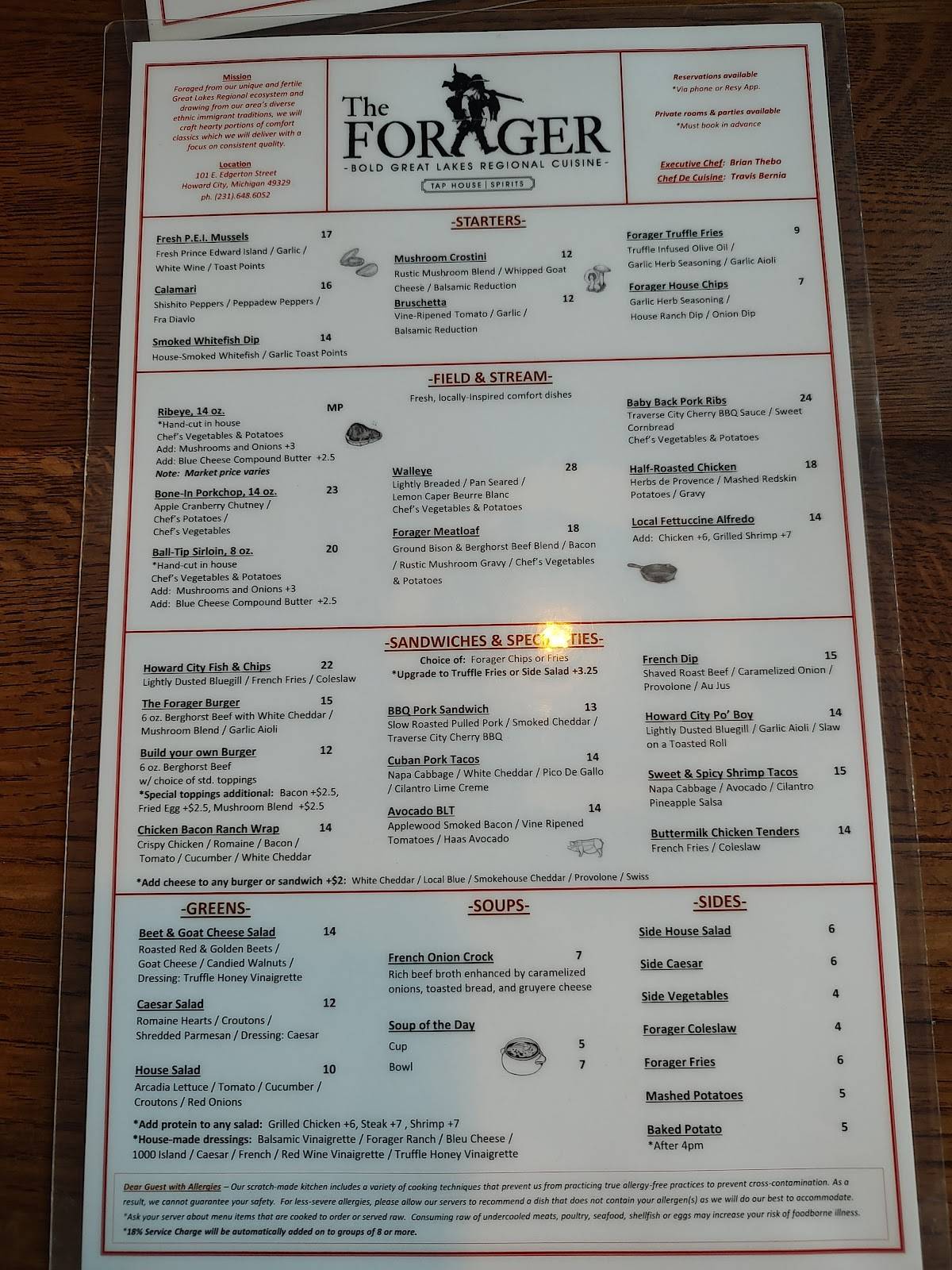 Menu at the forager pub bar howard city