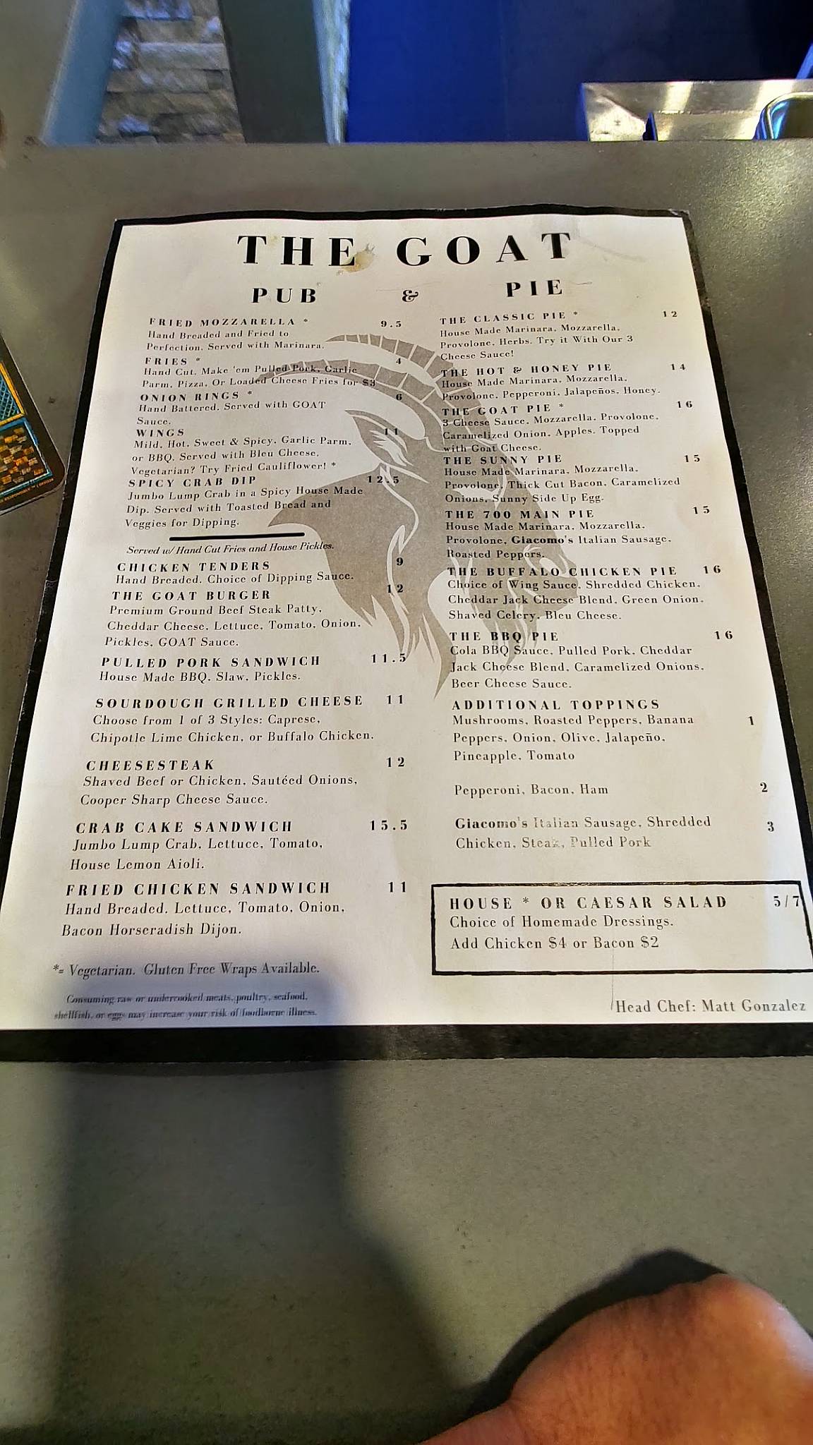 Menu at The GOAT Pub & Pie, Stockertown